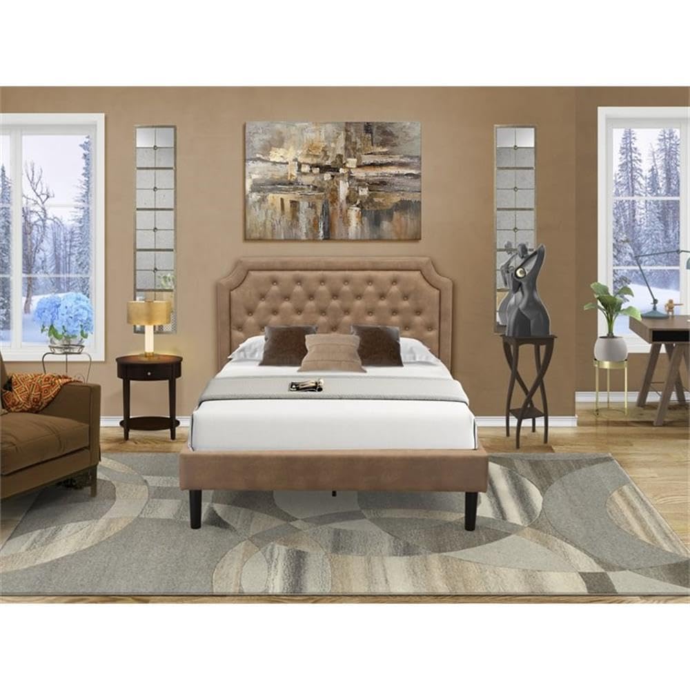 East West Furniture GB28F-1HI0M 2-Piece Platform Full Bed Set with Button Tufted Bed Frame and an Antique Mahogany Mid Century Modern Nightstand - Brown faux Leather with Brown Texture and Black Legs