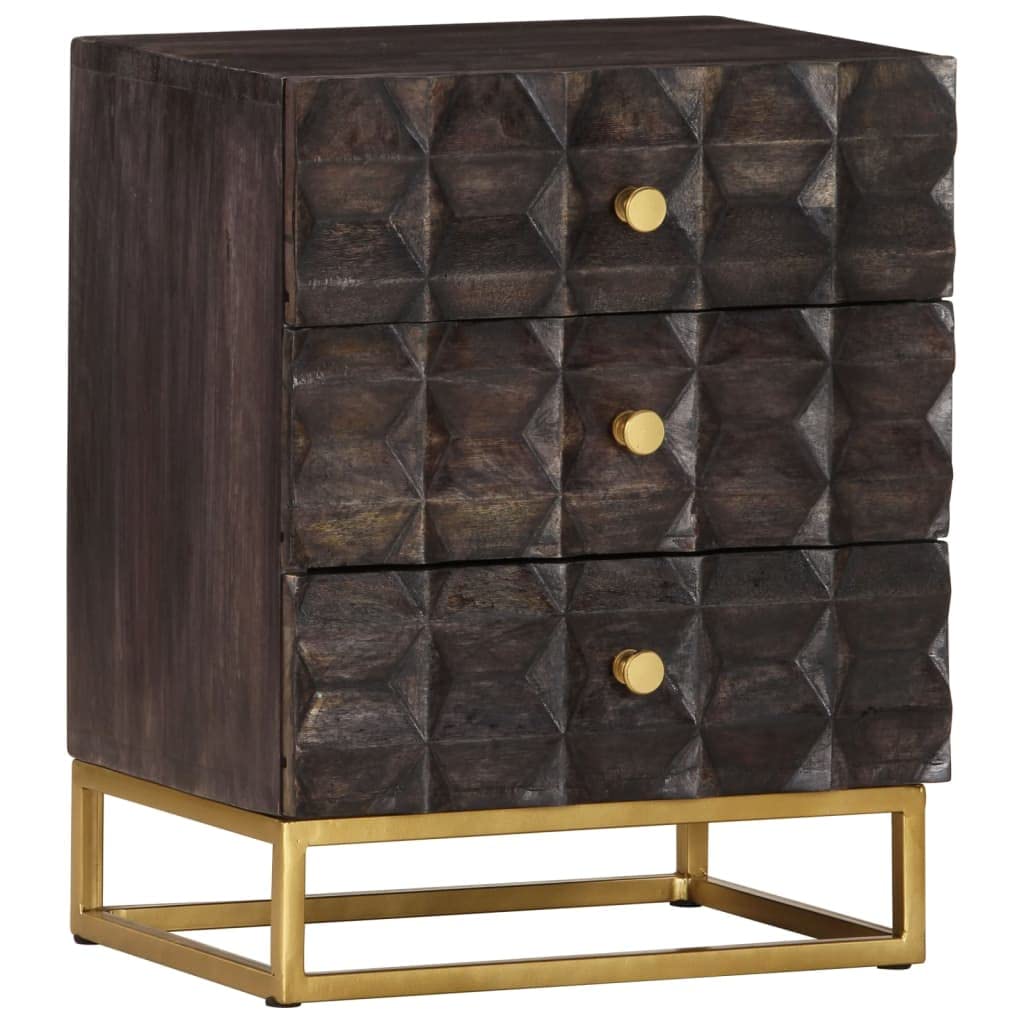 Vidaxl Black Mango Wood Bed Cabinet - Solid Wood Nightstand With Brass Accents, Industrial Design Bedroom Furniture, 15.7" X 11.8" X 19.7"