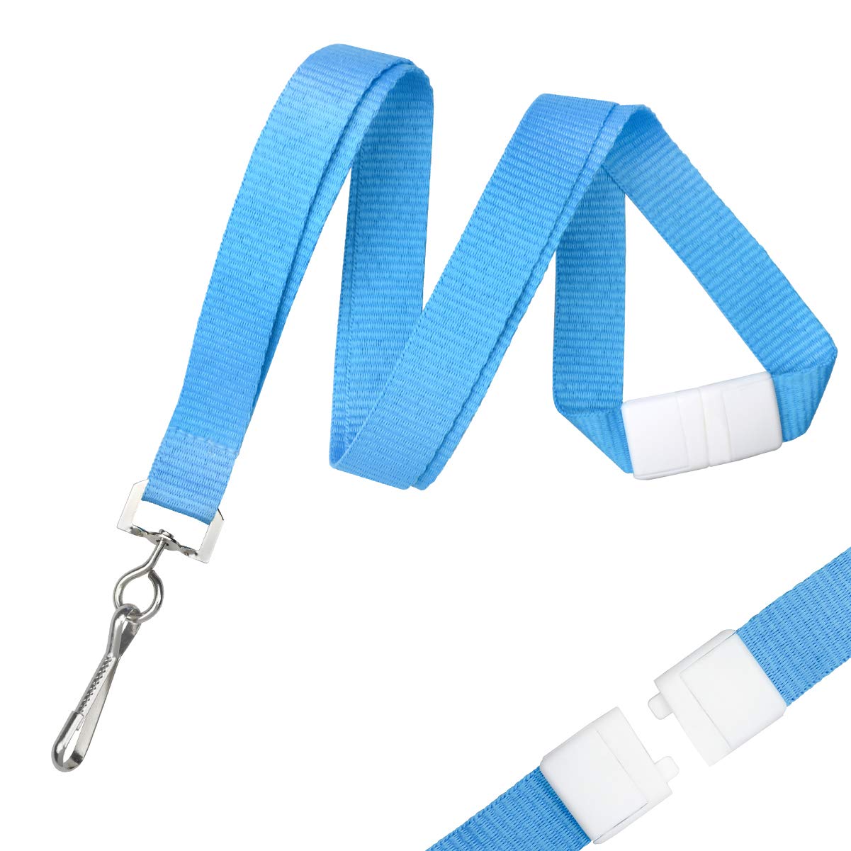 Bulk 100 Pack - Bright Wide Sky Blue Lanyards For Name Badges With Safety Breakaway Neck Clasp & Id Badge Holder J Clip - Hi Vis