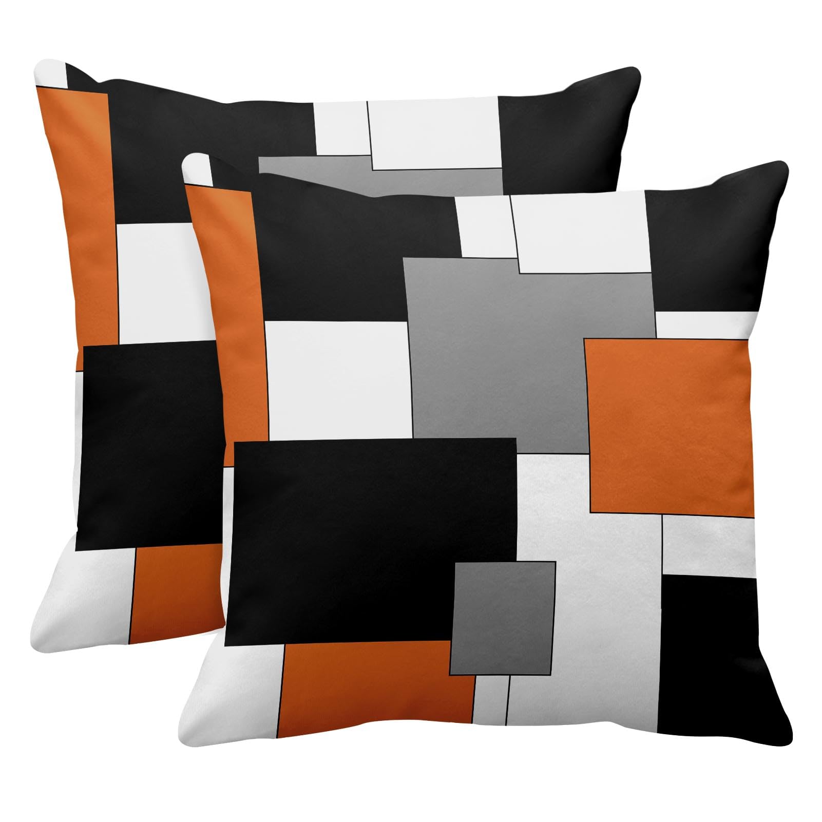 Emvency Set Of 2 Orange Geometric Throw Pillow Covers Black Grey White Painting Abstract Checkered Design Decorative Pillow Case
