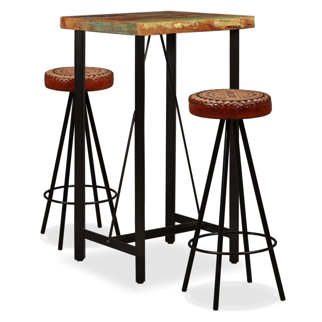 vidaXL Bar Set 3 Piece Heavy Duty Rustic Industrial High Stools Bistro Pub Restaurant Seating Set Solid Reclaimed Wood Genuine Leather Canvas Steel