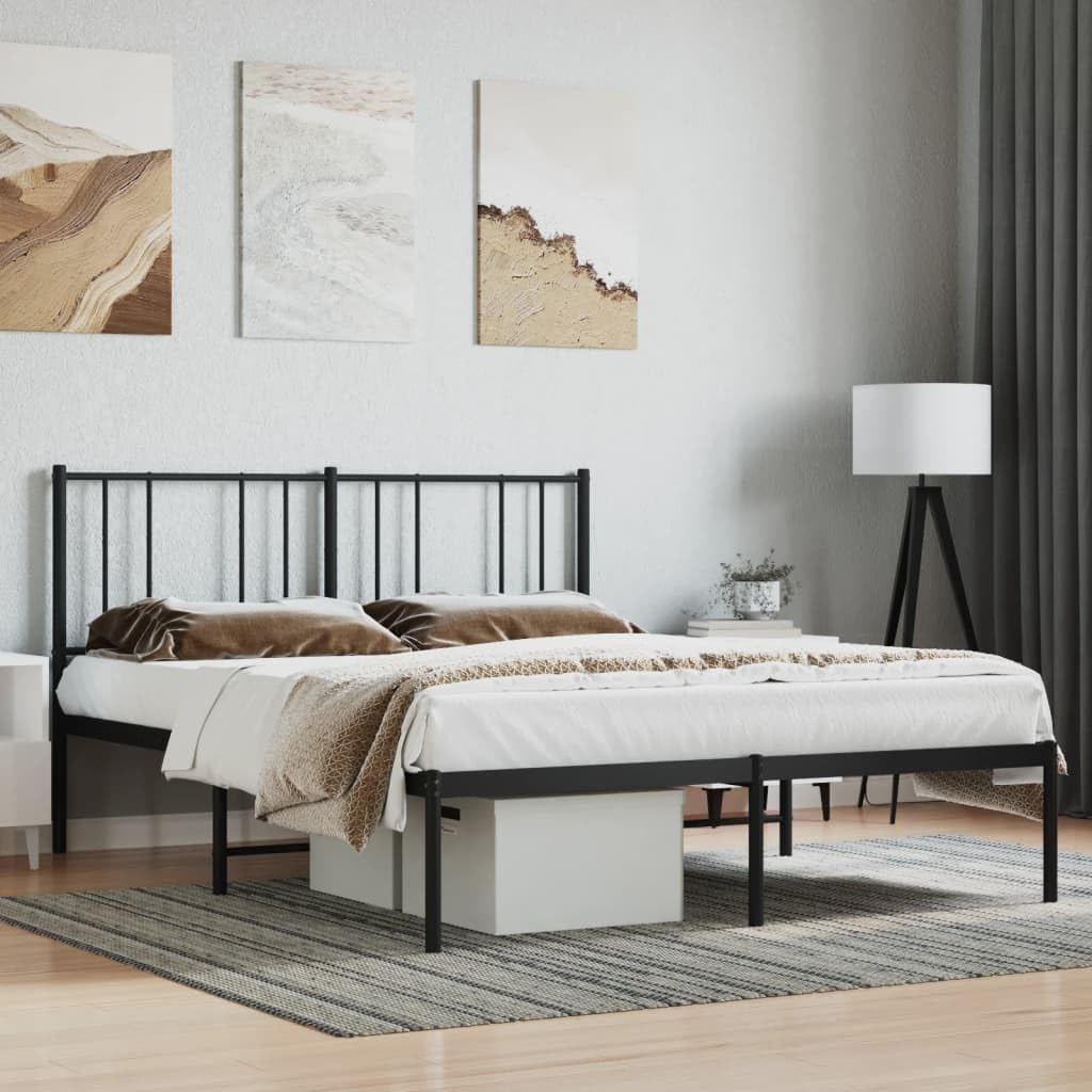 vidaXL Black Metal Bed Frame with Headboard, Robust Steel Construction, Extra Storage Space, Supports 59.8&quot;x78.7&quot; Mattress, Assembly Required