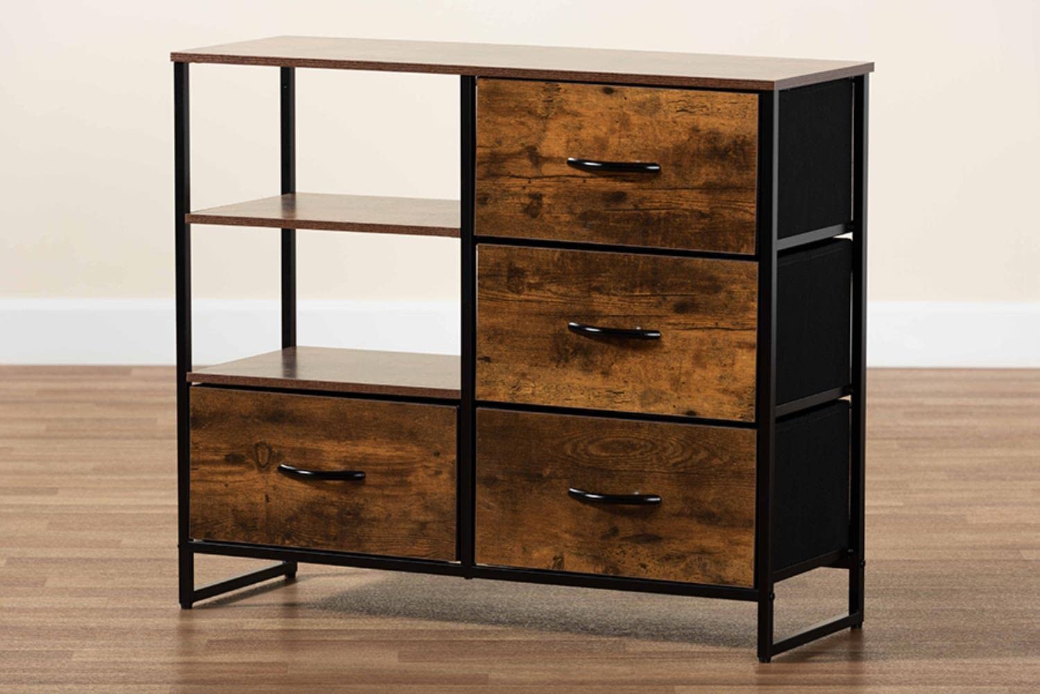 Baxton Studio Hakan Modern Industrial Walnut Brown Finished Wood and Black Metal 4-Drawer Storage Cabinet