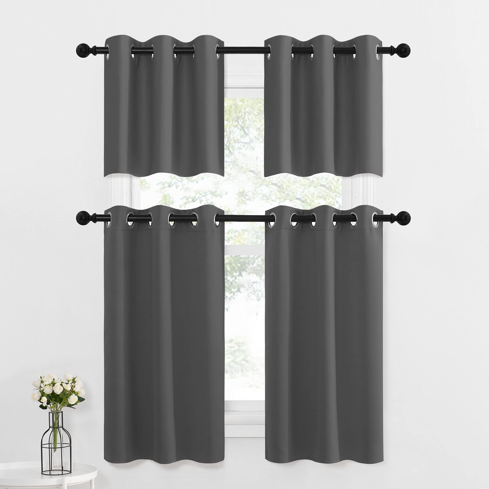 Nicetown Kitchen Curtains Tiers Sets For Windows - Thermal Insulated Home Decor Blackout Grommet Window Treatment Drapes For Camper Rv (29W By 36L With 1.2 Inches Header, Grey, 1 Pair)