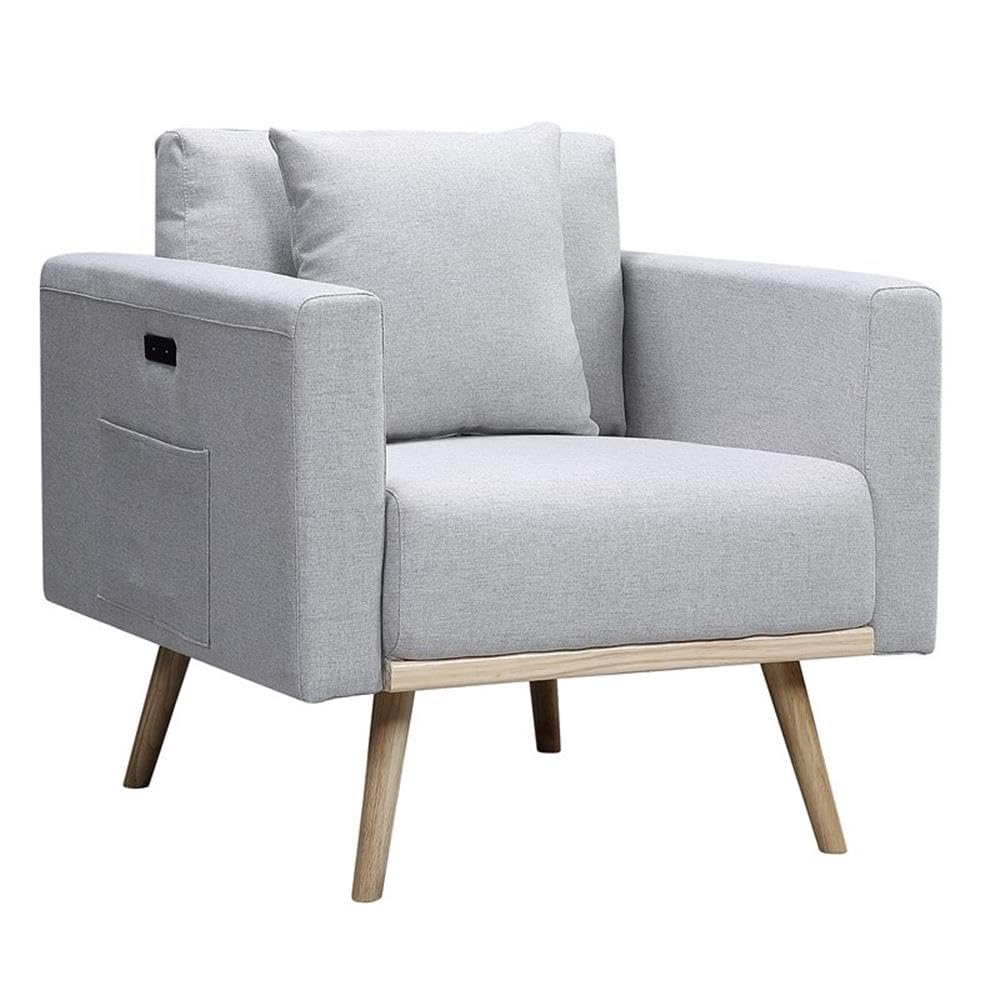 Lilola Home Easton Light Gray Linen Fabric Chair with USB Charging Ports Pockets & Pillows