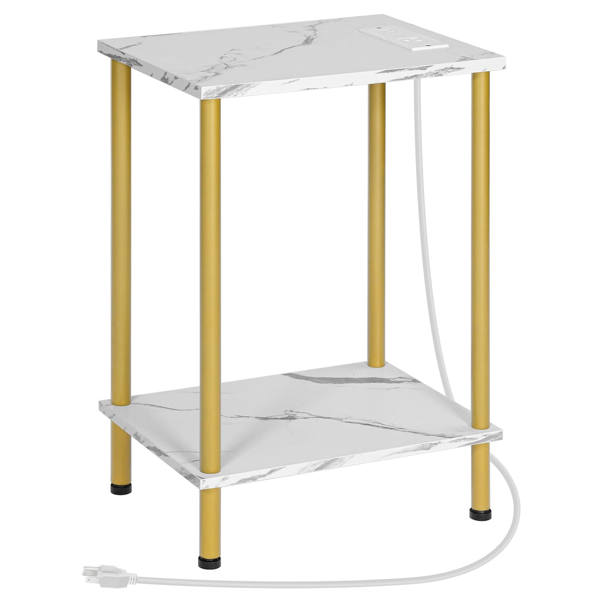 Hoobro Side Table With Charging Station, End Table With Usb Ports And Outlet, Nightstand With 2-Layer Storage Shelves For Small Spaces, Living Room, Bedroom, Stable Frame, Gold And Marble Dm09Ubz01