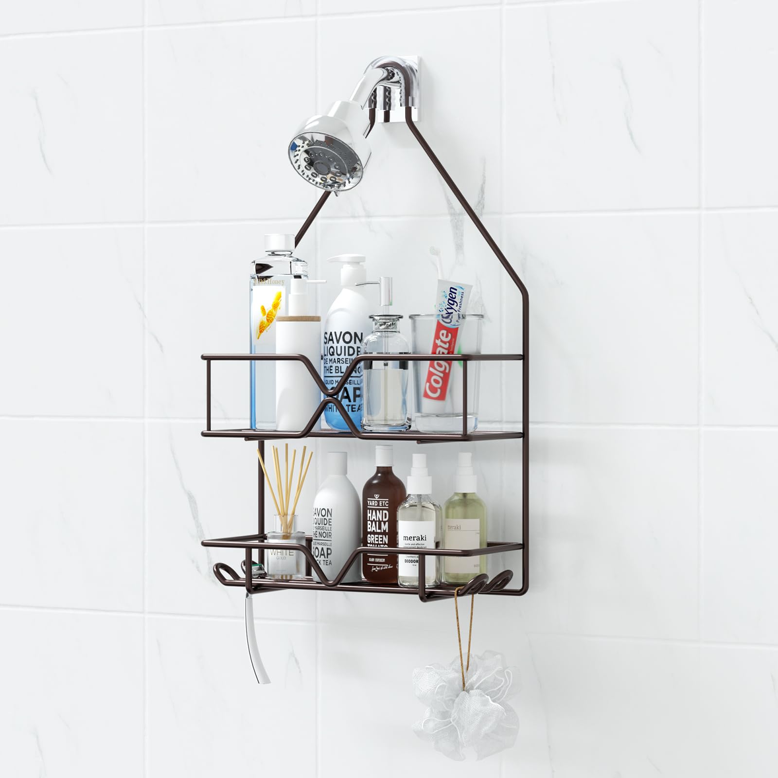 TreeLen Shower Caddy Over Shower Head Hanging Bathroom Caddy for Shower Organizer 4 Hooks Shampoo Holder-Bronze