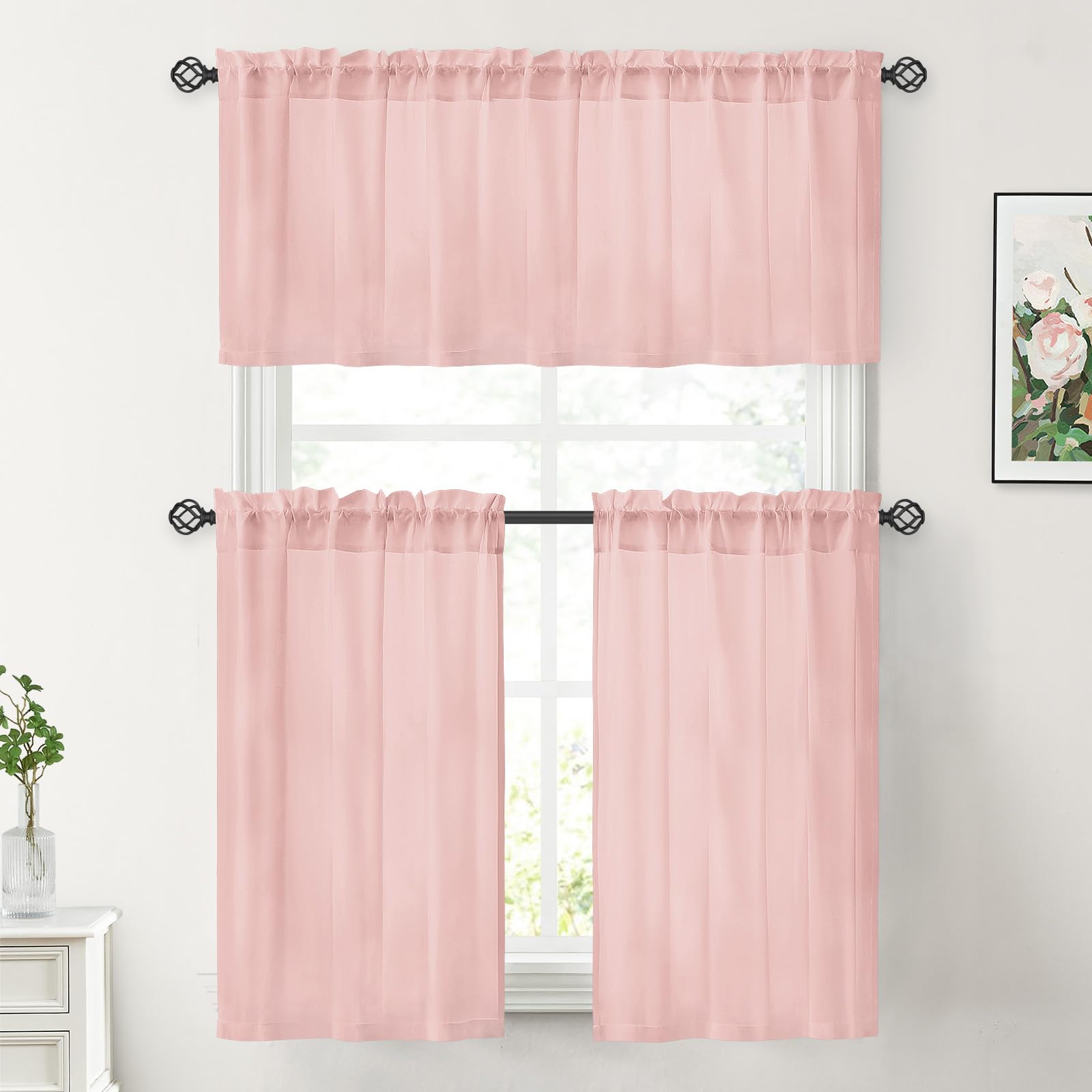 Homeideas Non-See-Through Blush Pink Privacy Sheer Kitchen Curtains 30 X 36 Inches Long 2 Panels Short Sheer Curtains Light Filtering Bathroom Window Curtains Drapes For Bedroom Living Room