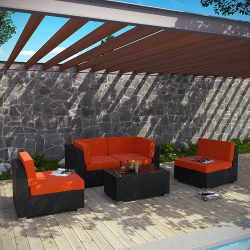 Lexmod Camfora 5 Piece Outdoor Patio Sectional Set In Espresso Orange