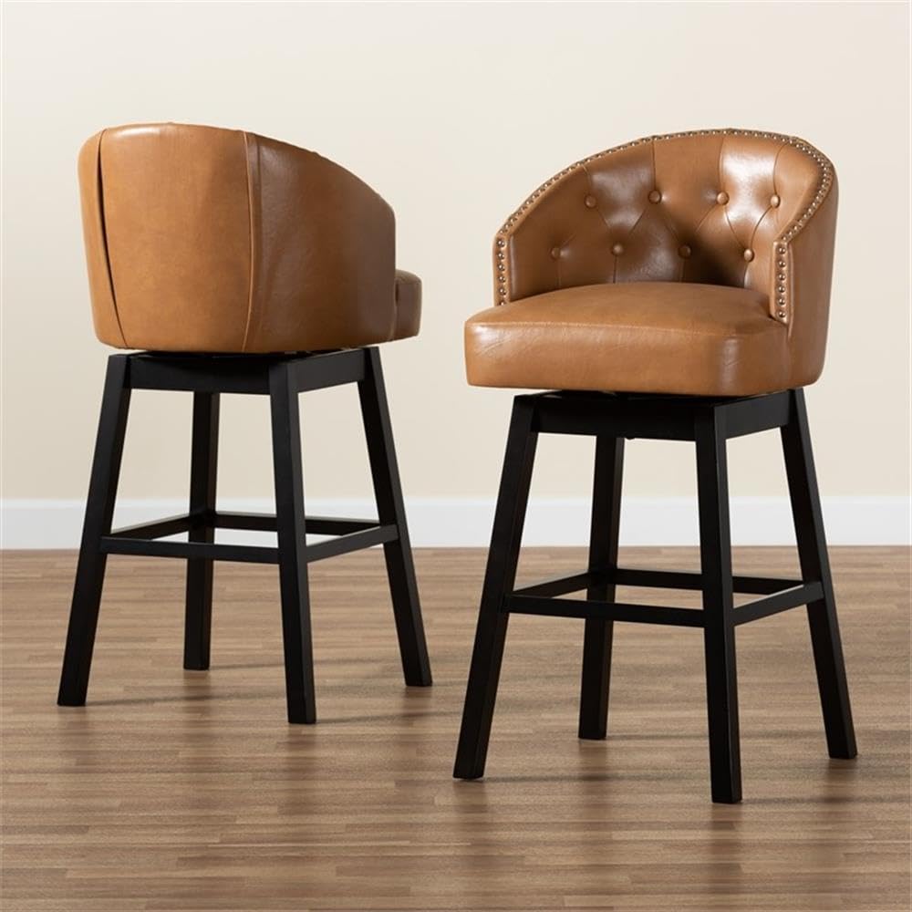 Baxton Studio Theron Modern and Contemporary Transitional Tan Faux Leather Upholstered and Dark Brown Finished Wood 2-Piece Swivel Bar Stool Set