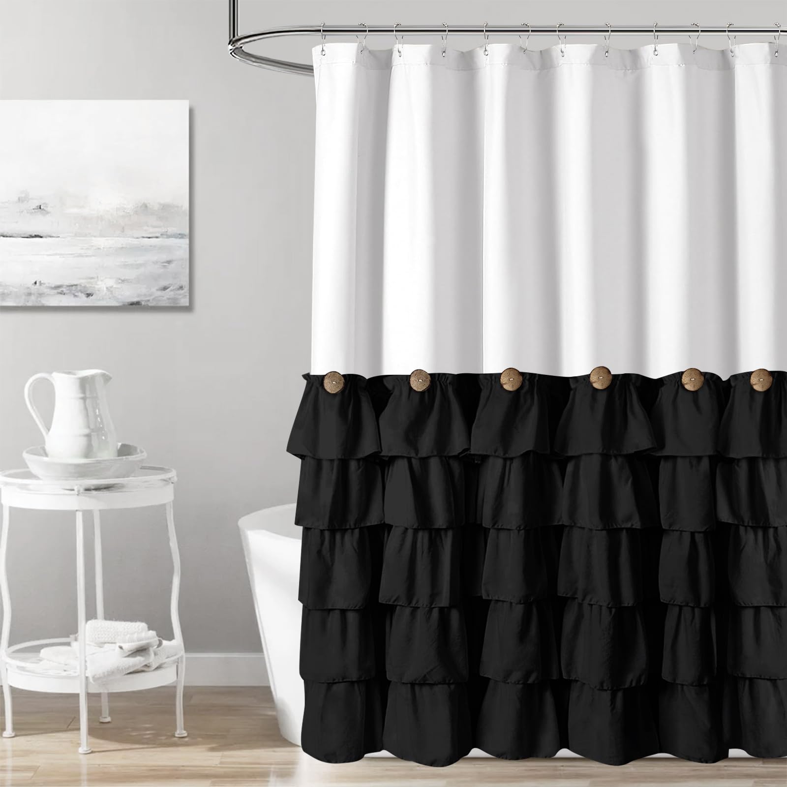 Seasonwood Black And White Farmhouse Shower Curtain 72 X 72 Black Ruffle Shower Curtain With Vintage Buttons, Rustic Decorative