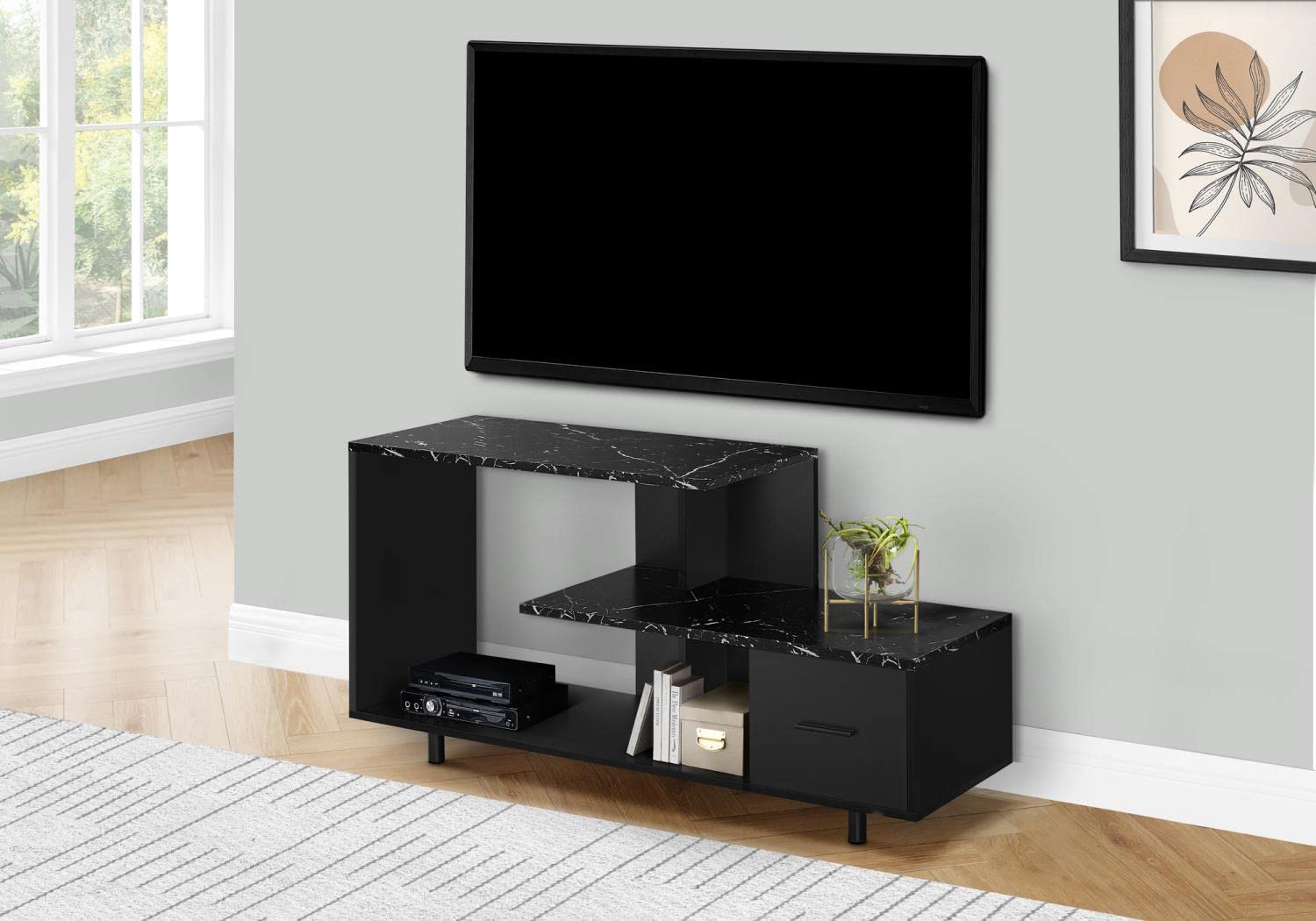 Monarch Specialties I 2610 Tv Stand, 48 Inch, Console, Media Entertainment Center, Storage Drawer, Living Room, Bedroom, Laminate, Black Marble Look