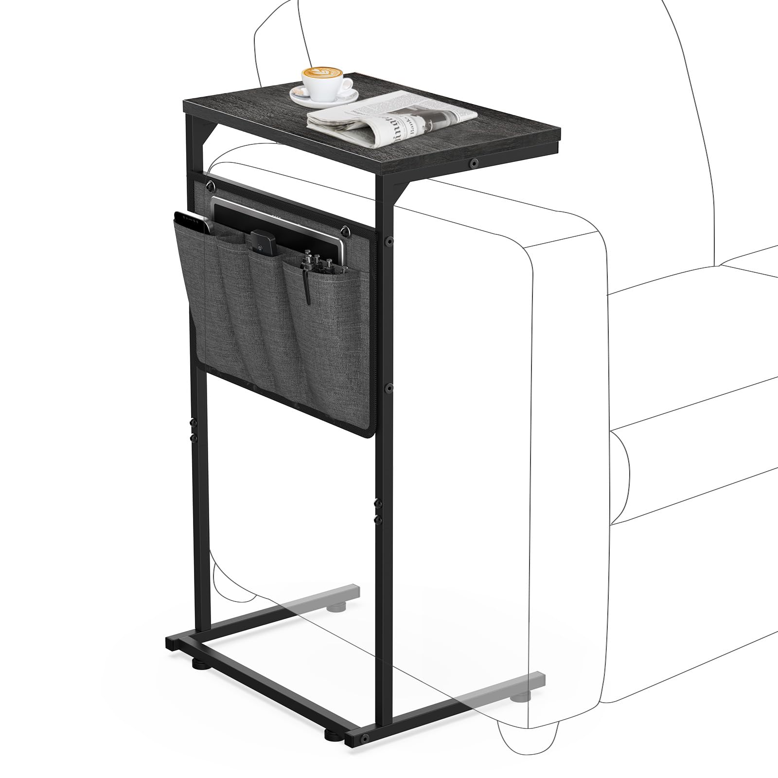 Vantic C Shaped End Table, Small Couch Side Table With Storage Bag, Sturdy Slide Under Sofa Table With Metal Frame For Living Ro