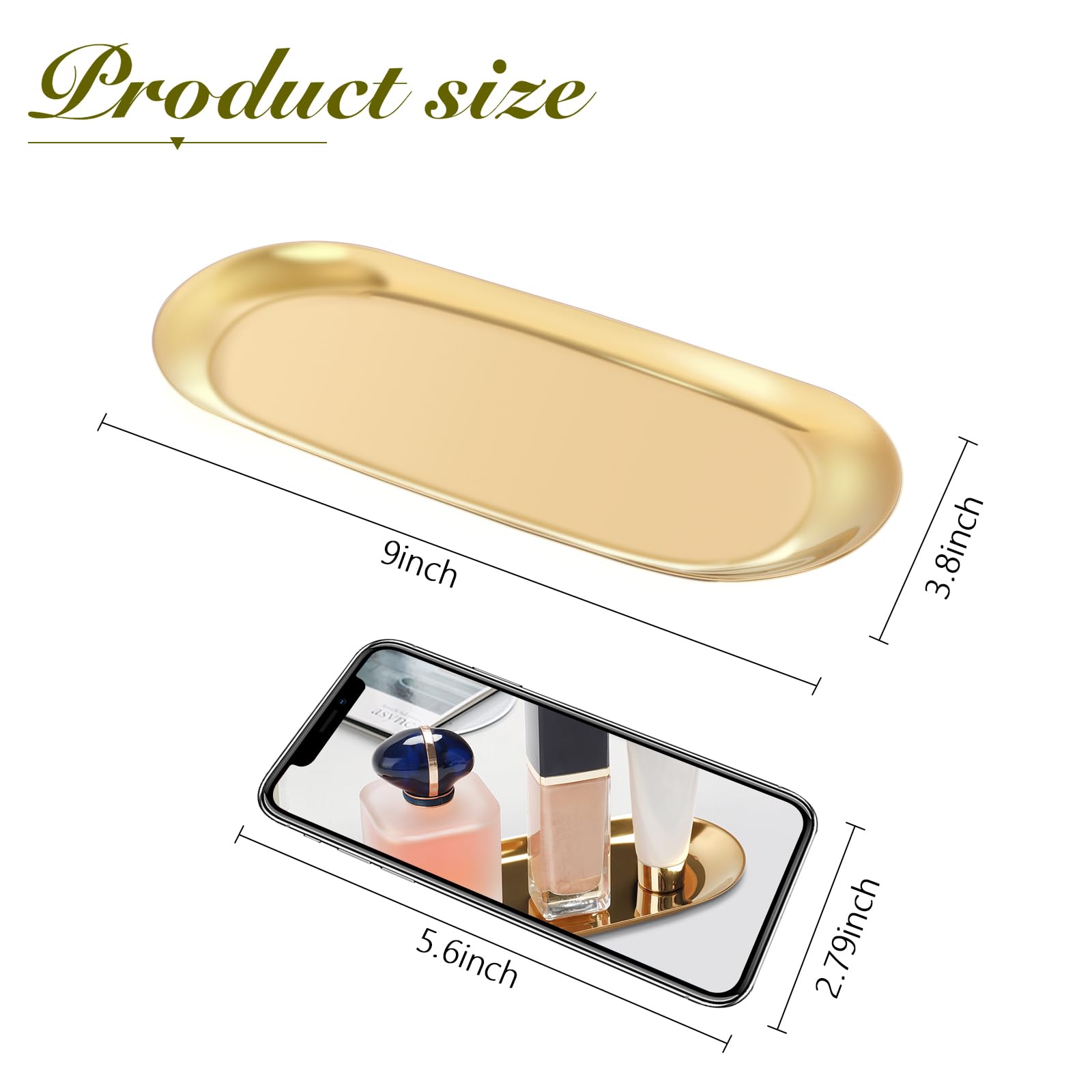Gold Decorative Tray, Stainless Steel Jewelry Tray Towel Vanity Tray Dish Plate Tray Tea Fruit Storage Trays Cosmetics Jewelry O