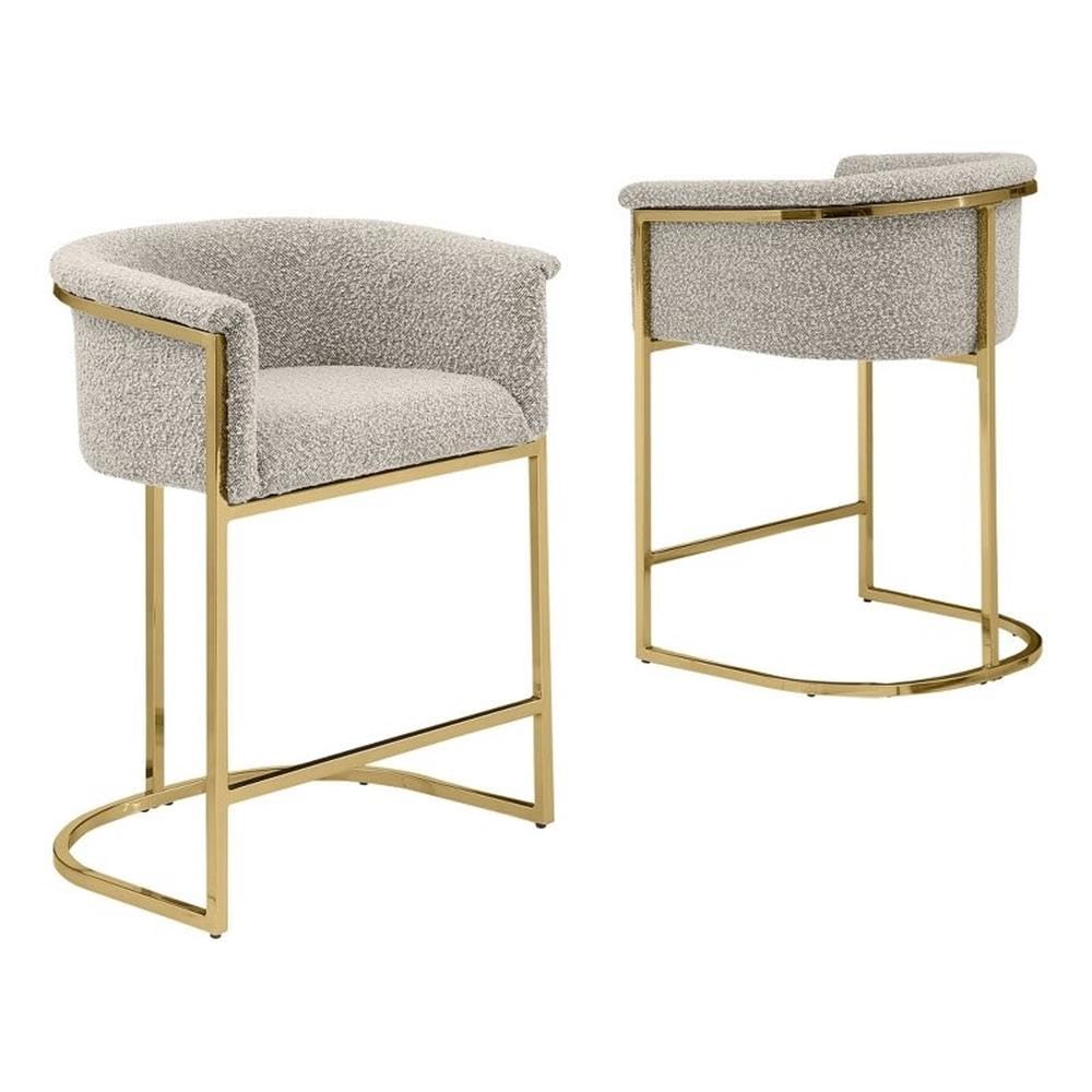 Best Quality Furniture Set Of 2 Modern Boucle Fabric Accent Counter Height Stools - Barrel Design, Chrome Legs, Gray, Gold Leg Finish