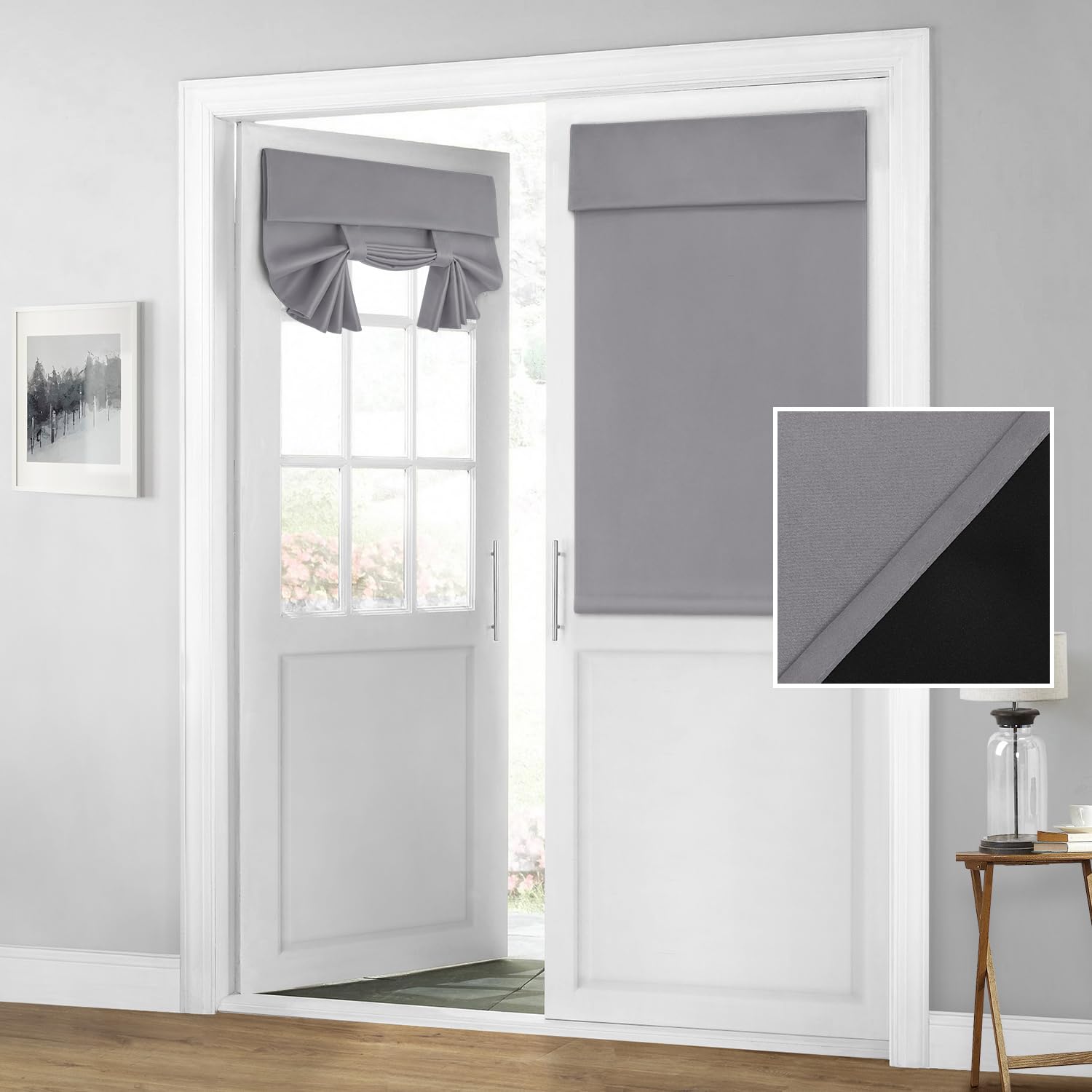 Homeideas 100% Blackout French Door Curtains, Privacy Door Curtains For Window, 26 X 40 Inch Room Darkening Blinds, Thermal Insulated Window Shades For Bedroom, 1 Panel, Light Grey