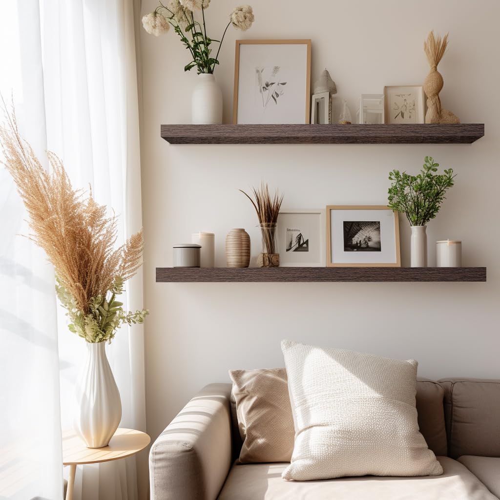 Lavie Home Floating Shelves, 36 Inch Wall Shelf Set Of 2, Hanging Shelf With Invisible Brackets, Wall Decor For Bathroom, Bedroom, Living Room, Kitchen Storage, Rustic Brown