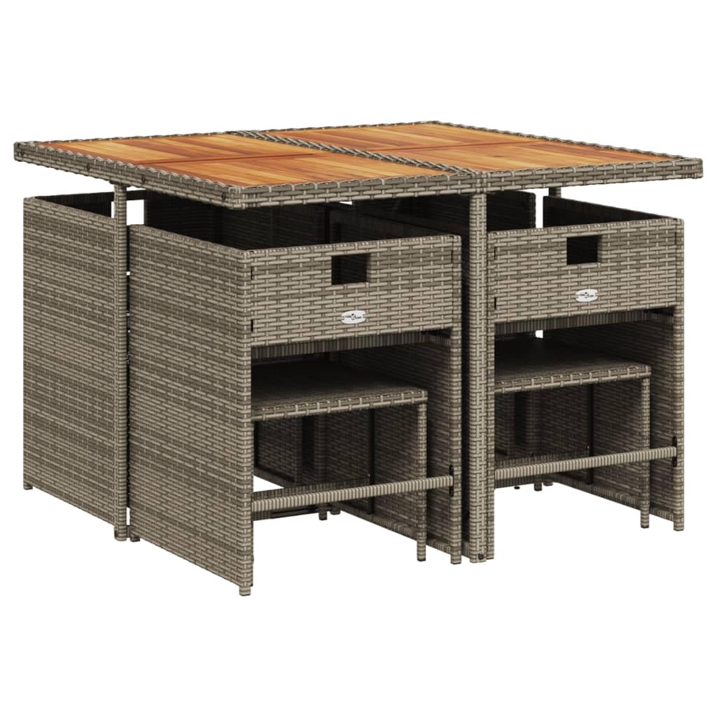 vidaXL Patio Dining Set with Cushions - Gray Poly Rattan - Garden/Backyard Furniture - 9 Piece Set - Acacia Wood Tabletop - Foldable & Space-Saving Chairs - Navy Blue Cushions