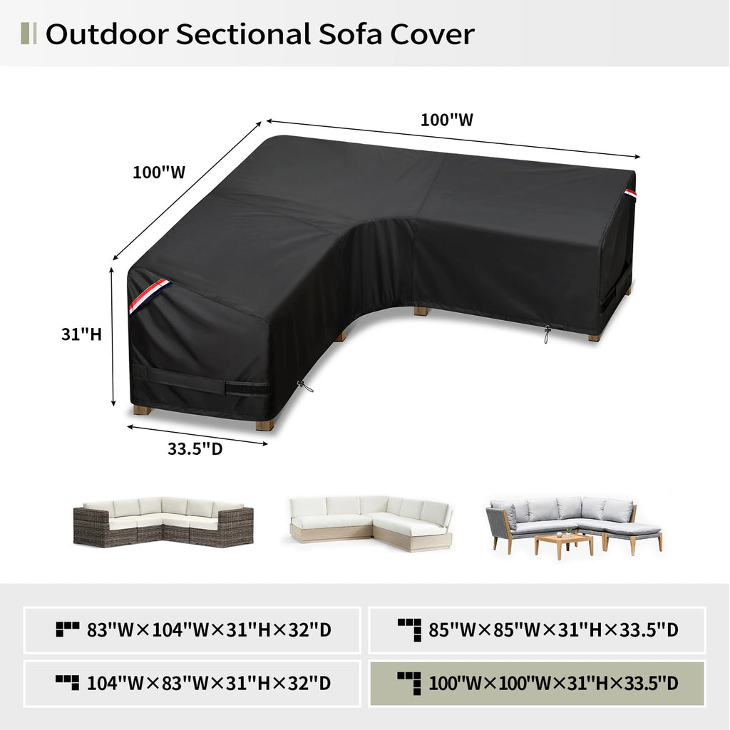 Kylinlucky Patio Sectional Sofa Cover V-Shaped,100'X 100' Waterproof Outdoor Sectional Couch Cover Black