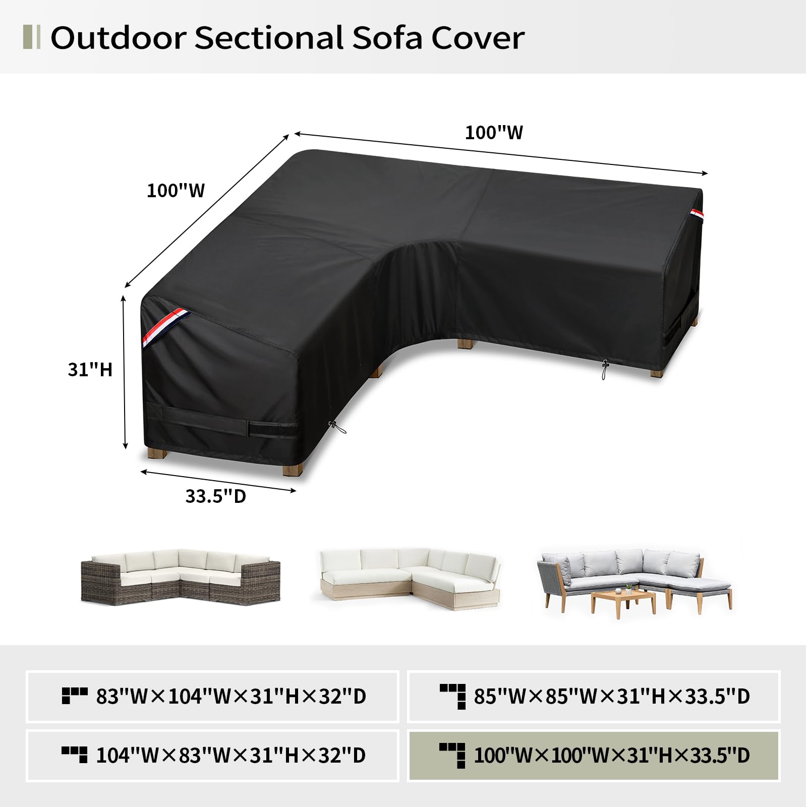 Kylinlucky Patio Sectional Sofa Cover V-Shaped,100'X 100' Waterproof Outdoor Sectional Couch Cover Black