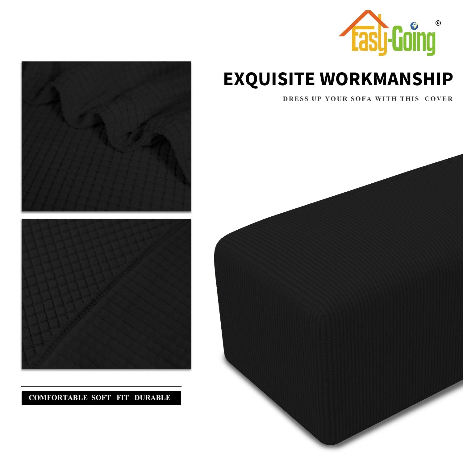 Easy-Going Stretch Ottoman Cover Folding Storage Stool Furniture Protector Soft Rectangle Slipcover With Elastic Bottom(Ottoman Small,Black)