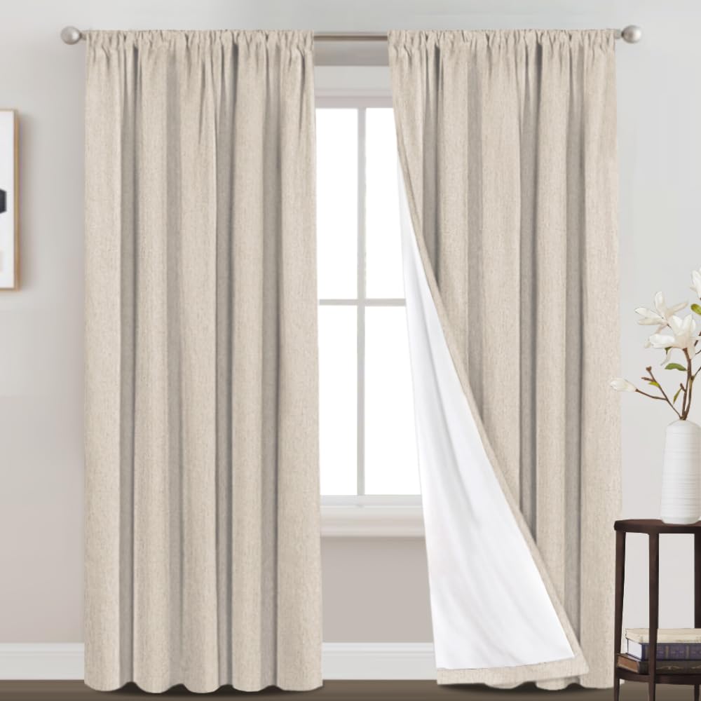 Princedeco 100% Blackout Curtains 95 Inches Long Rod Pocket Primitive Linen Textured Curtains With White Liner Heat And Full Light Blocking Drapes For Bedroom,2 Panels(52 X 95 Inch, Natural)