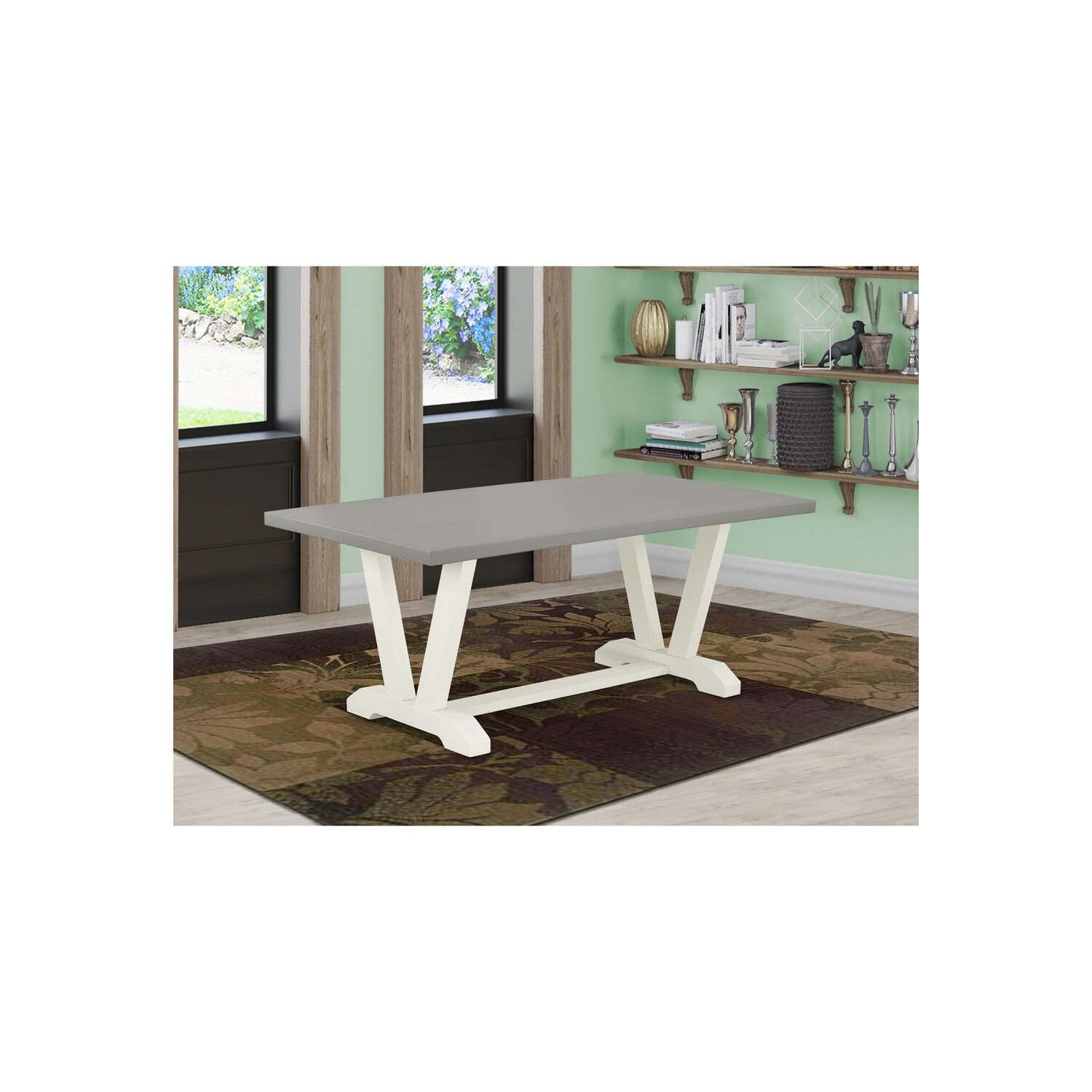 East West Furniture V-Style 40X72 In Dining Table With Wirebrushed Linen White Leg And Cement Top Finish