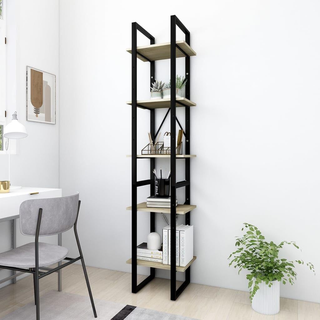 vidaXL 5-Tier Book Cabinet - Sonoma Oak Engineered Wood Bookshelf with Metal Frame - Modern Industrial Design - Ample Storage Space - Dimensions 15.7"x11.8"x68.9"