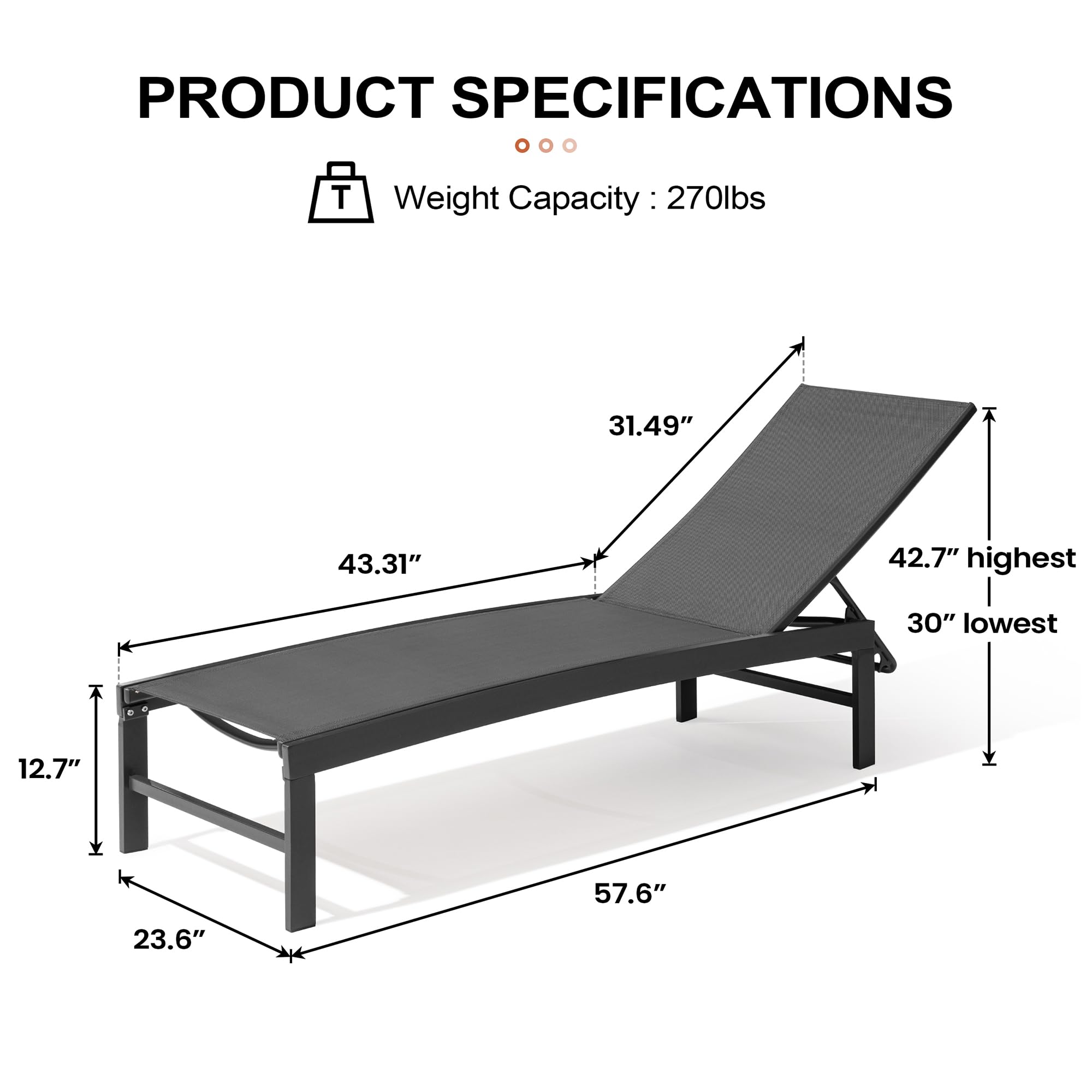 Crestlive Products Chaise Lounge Chair Outdoor, Aluminum Pool Lounge Chair, Adjustable Five-Position Tanning Recliner, All Weather For Patio, Beach, Yard, Pool (1Pc Black)