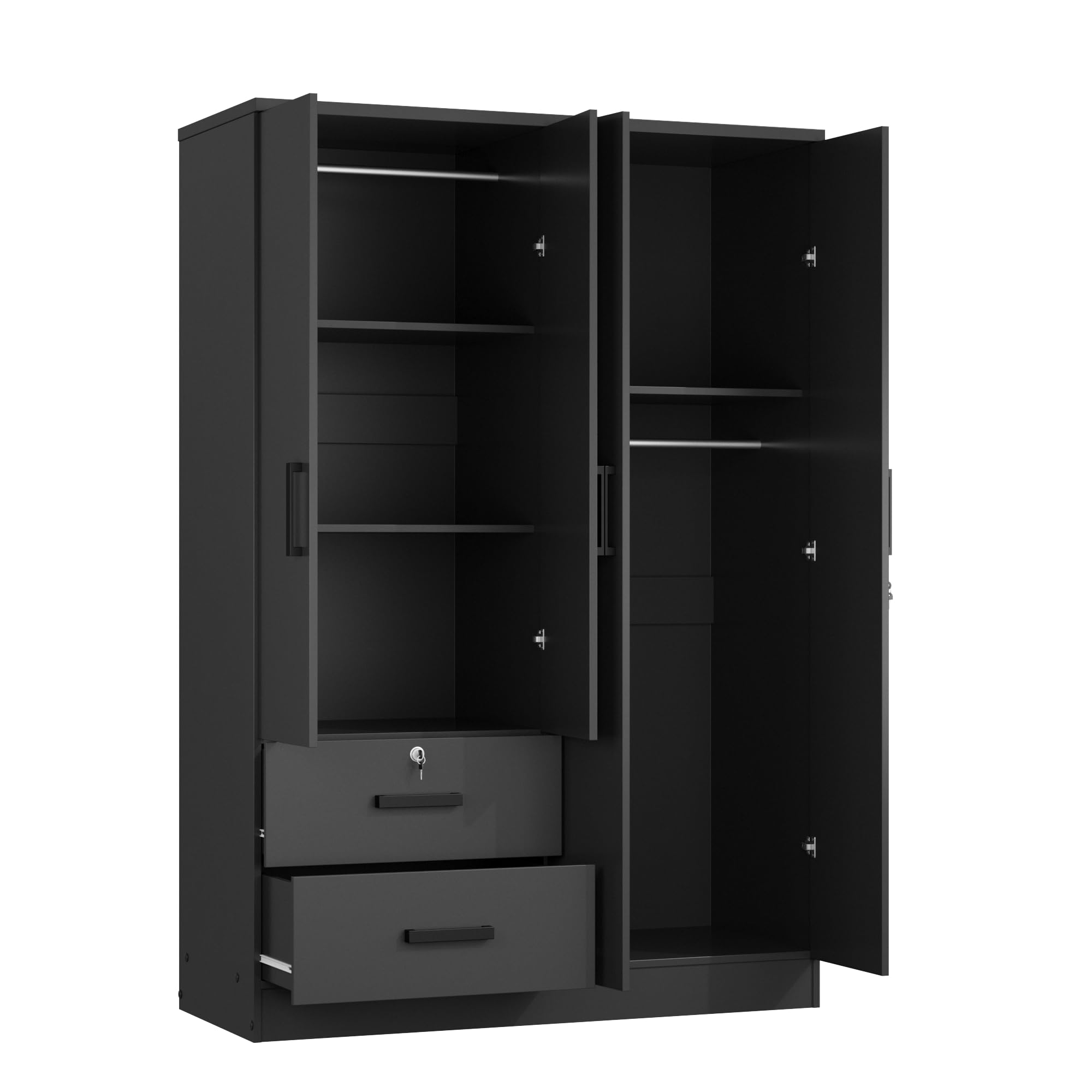 Woodpeckers Furniture And Mattress 4 Doors Wardrobe 2 Drawers with Shelves 72&quot; high (Black)