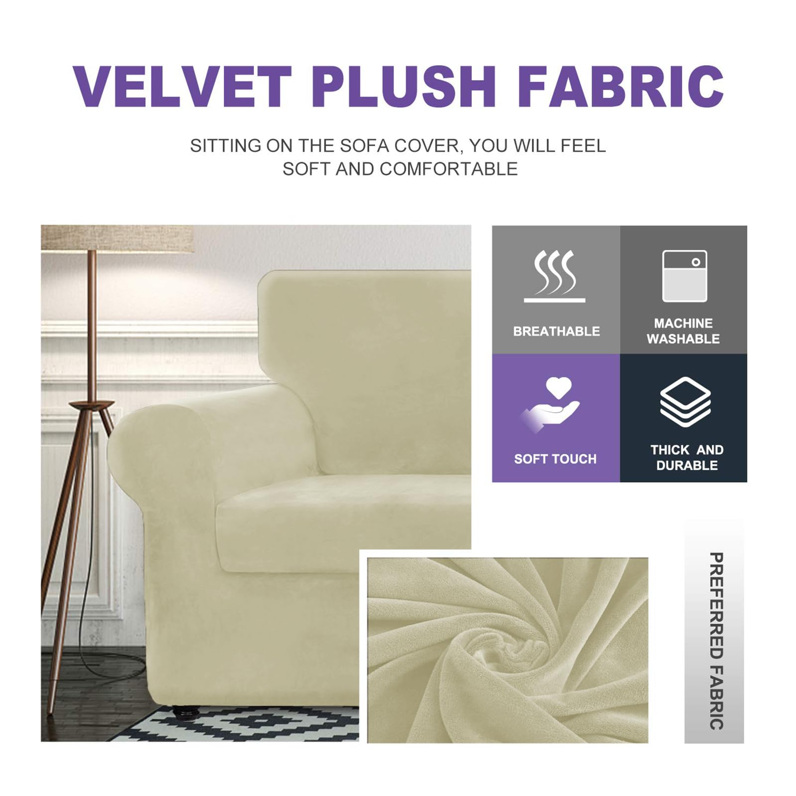 Znsayotx Luxury Velvet Couch Cover 4 Piece Stretch Sofa Covers For 3 Cushion Couch Thick Soft Spandex Sofa Slipcover Living Room Anti Slip Dogs Furniture Protector (Beige), 71'-91'(3 Cushions)