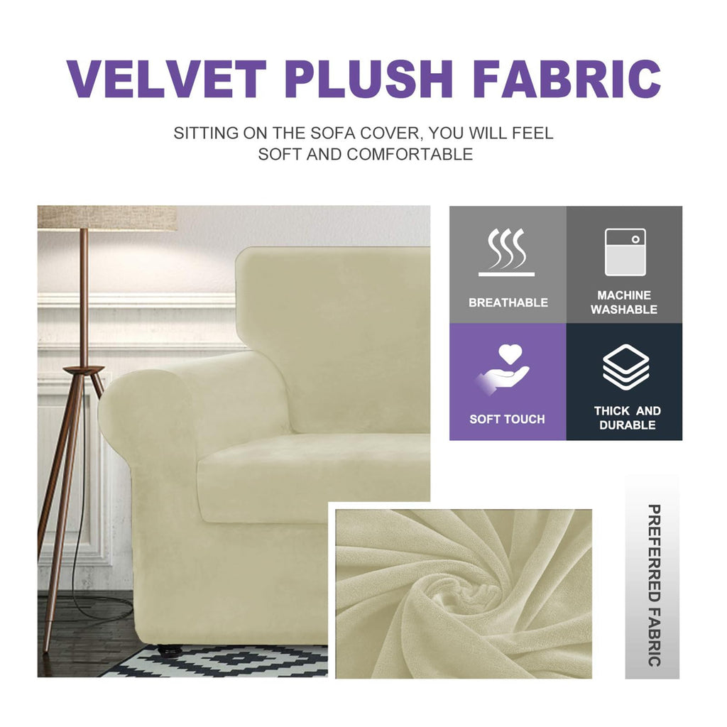 Znsayotx Luxury Velvet Couch Cover 4 Piece Stretch Sofa Covers For 3 Cushion Couch Thick Soft Spandex Sofa Slipcover Living Room Anti Slip Dogs Furniture Protector (Beige), 71'-91'(3 Cushions)
