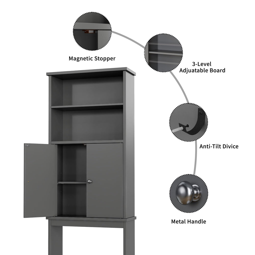 Shintenchi Over The Toilet Storage Cabinet, Bathroom Above The Toilet Rack, Bathroom Adjustable Shelf Organizer With Open Bottom Bar And Anti-Tip Device, Gray
