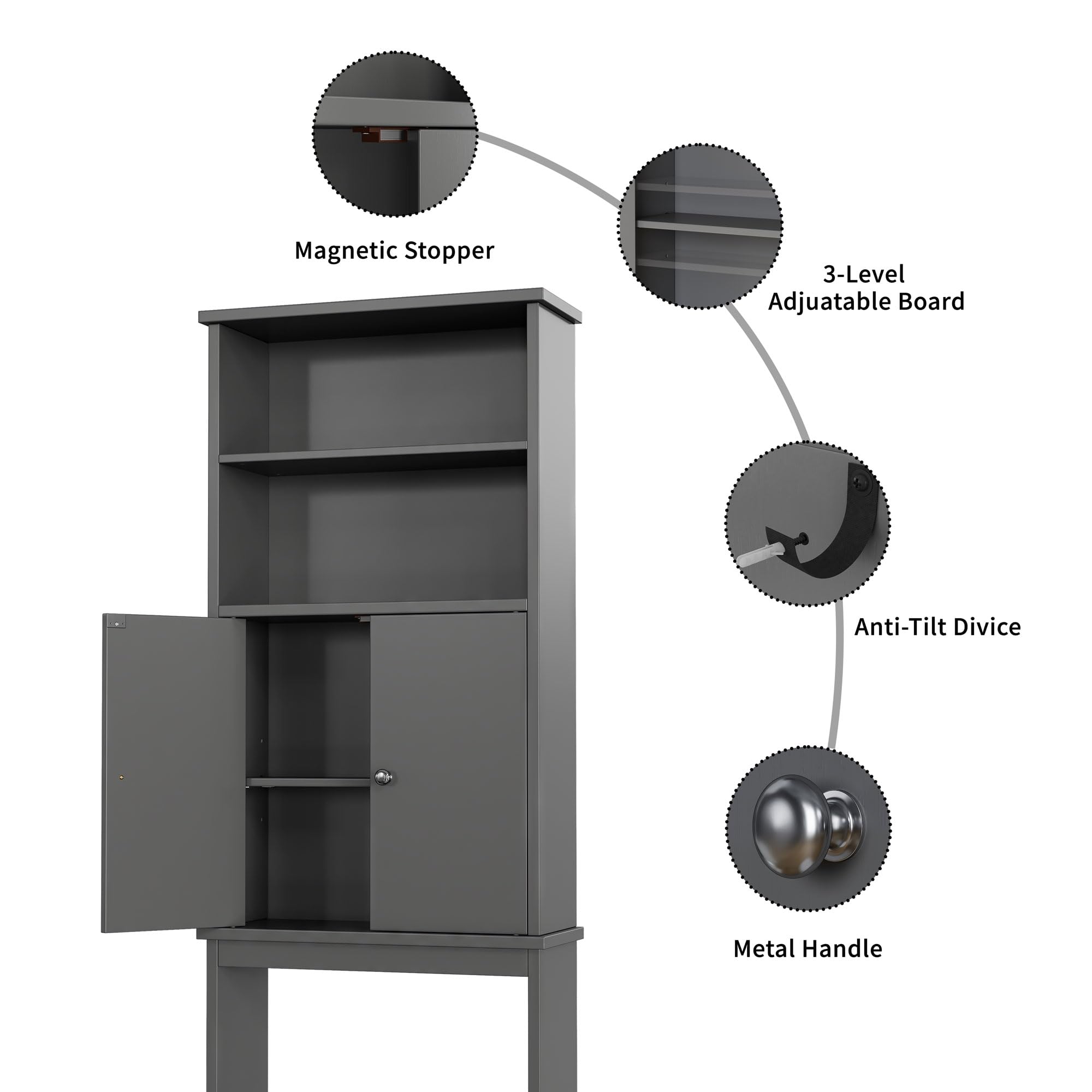 Shintenchi Over The Toilet Storage Cabinet, Bathroom Above The Toilet Rack, Bathroom Adjustable Shelf Organizer With Open Bottom Bar And Anti-Tip Device, Gray