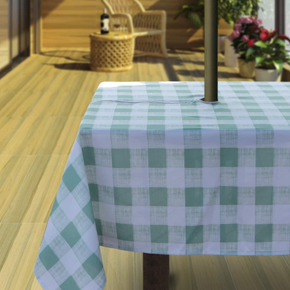 Hipinger Outdoor Tablecloth With Umbrella Hole And Zipper, Patio Table Cloth,Heavyweight Stain Resistant Waterproof,60 Inch Square, Green Checkered