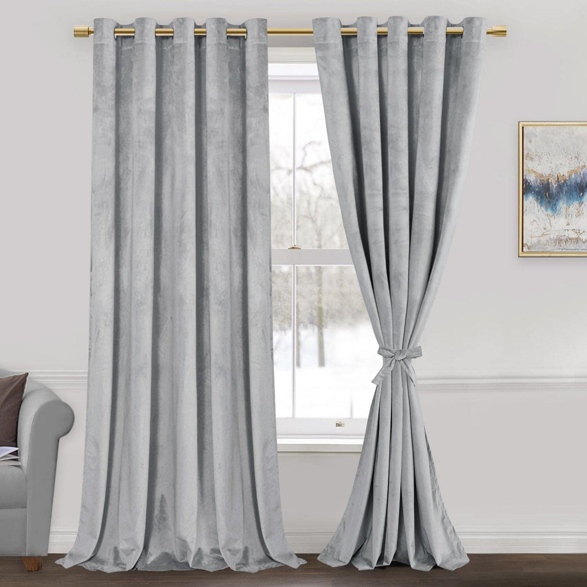 Jiuzhen Super Soft Grey Velvet Curtains 96 Inch Long,Room Darkening Smooth Hand-Feeling Durable Curtains Thermal Insulated Priva
