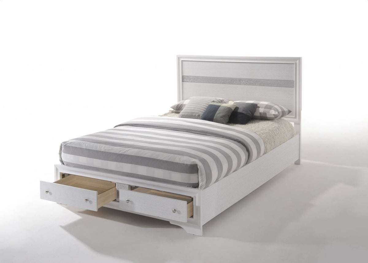 HomeRoots Cotton Contemporary White and Grey Queen Bed with Storage Footboard