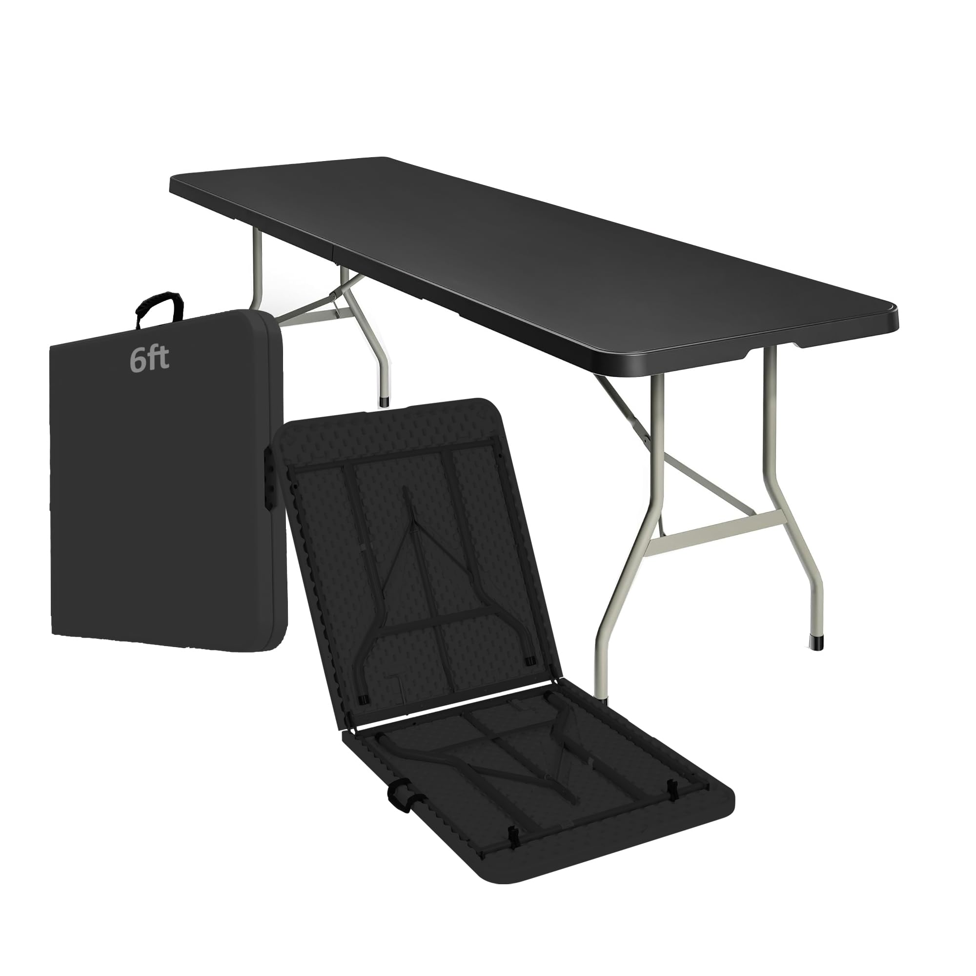 ONUUNPY 6ft Heavy Duty Portable Folding Table - Plastic Dining Table Indoor/Outdoor Black Plastic Table for Parties, BBQs, and C