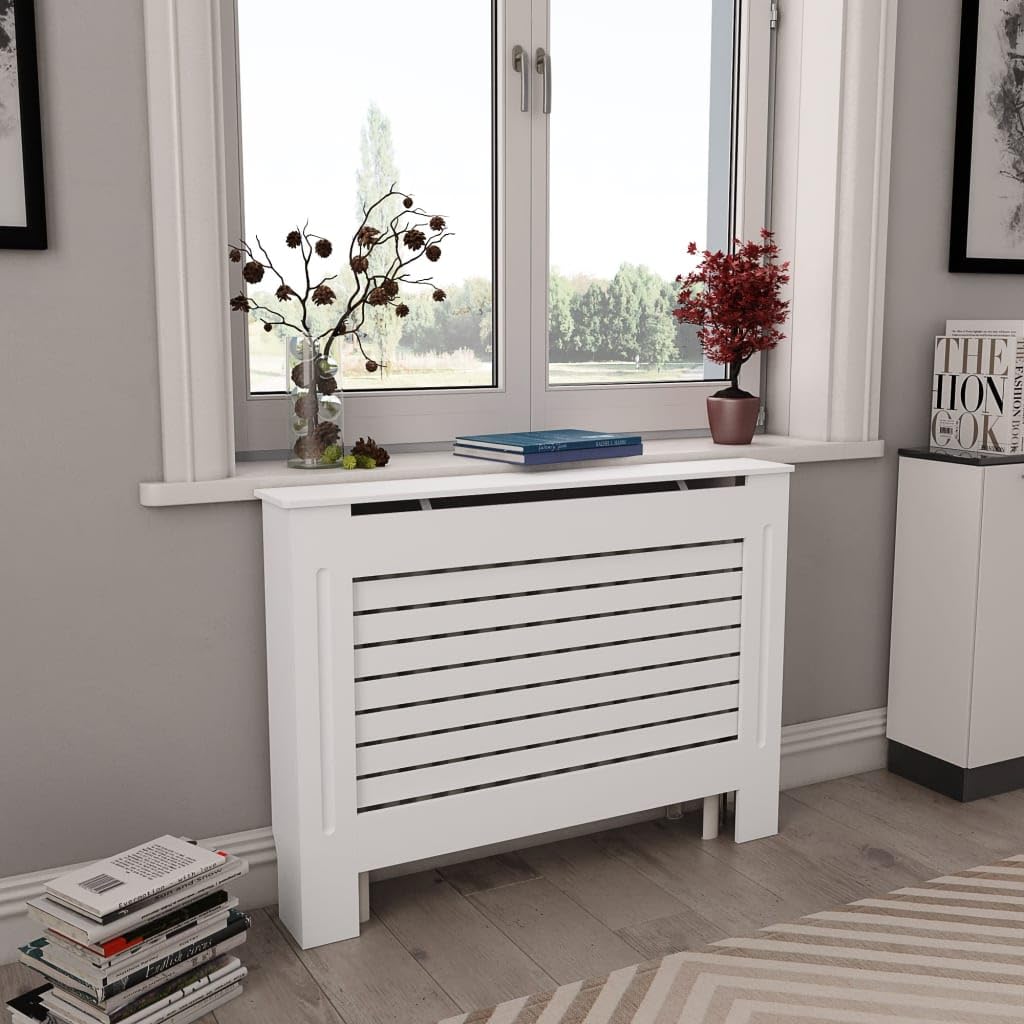 vidaXL Radiator Cover, Slatted Design Heater Cover Cabinet with Storage Shelf, Hide Cluttered Pipes, MDF, 44''x7.5''x32.1'', White