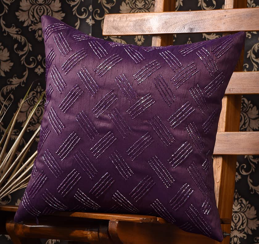 Scarlett Linens Embroidered Cushion Covers | Beaded Cushion Covers 16X16 Inches Pack Of 1 | Coushans For Sofa Colourful | Purple