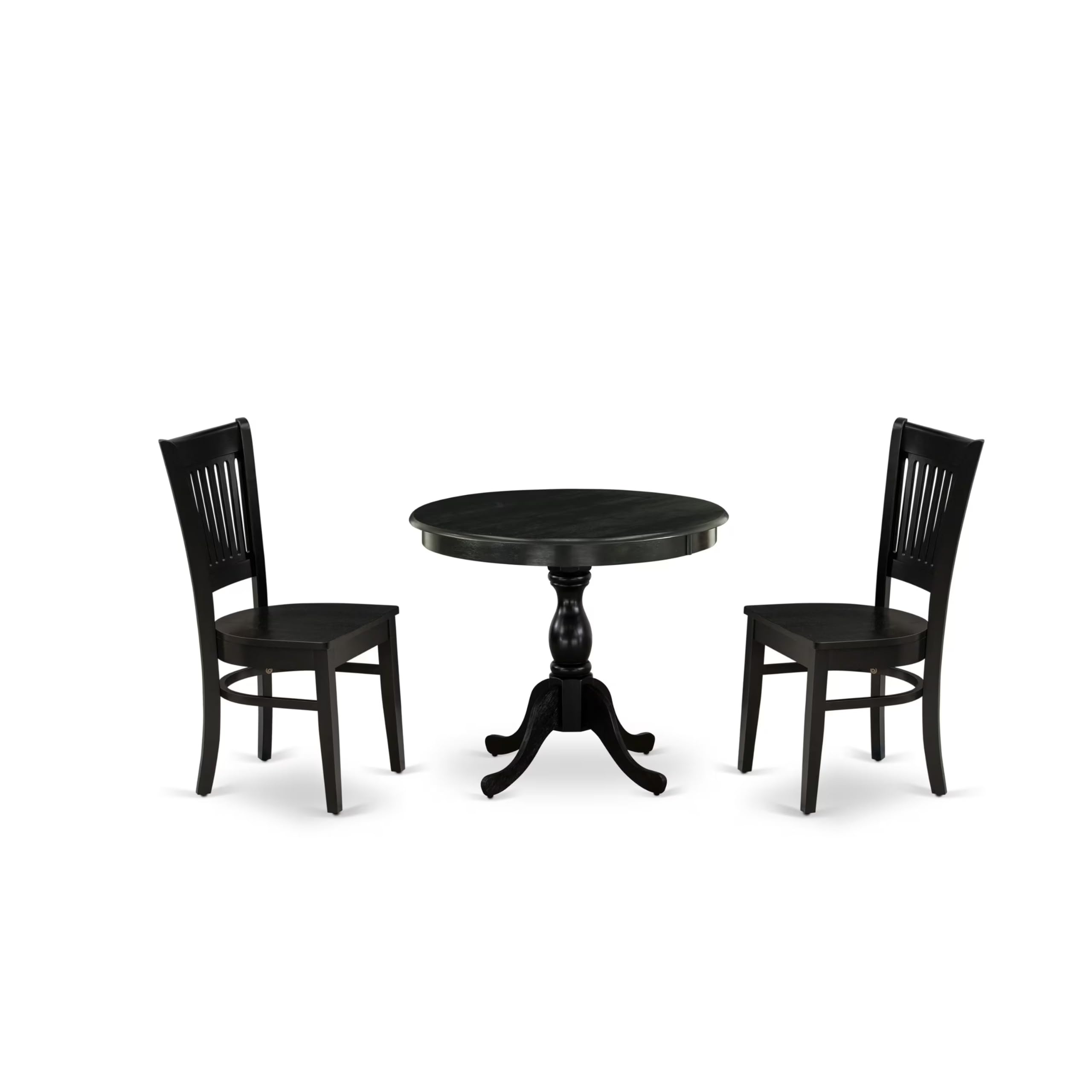 East West Furniture Amva3-Blk-W 3 Piece Dining Table Set For Small Spaces Contains A Round Kitchen Table With Pedestal And 2 Dining Chairs, 36X36 Inch, Black