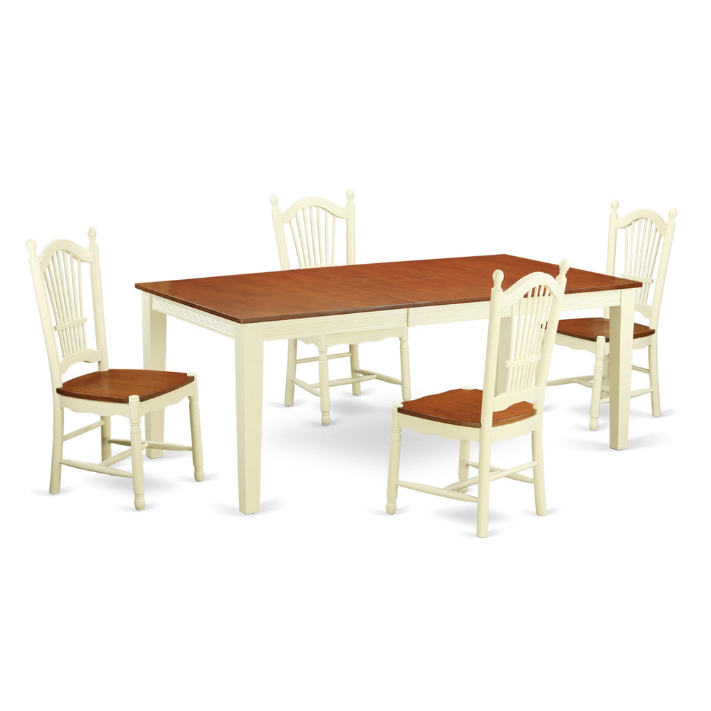 East West Furniture QUDO5-WHI-W 5 Piece Dinette Set for 4 Includes a Rectangle Dining Table with Butterfly Leaf and 4 Dining Room Chairs, 40x78 Inch, Buttermilk & Cherry