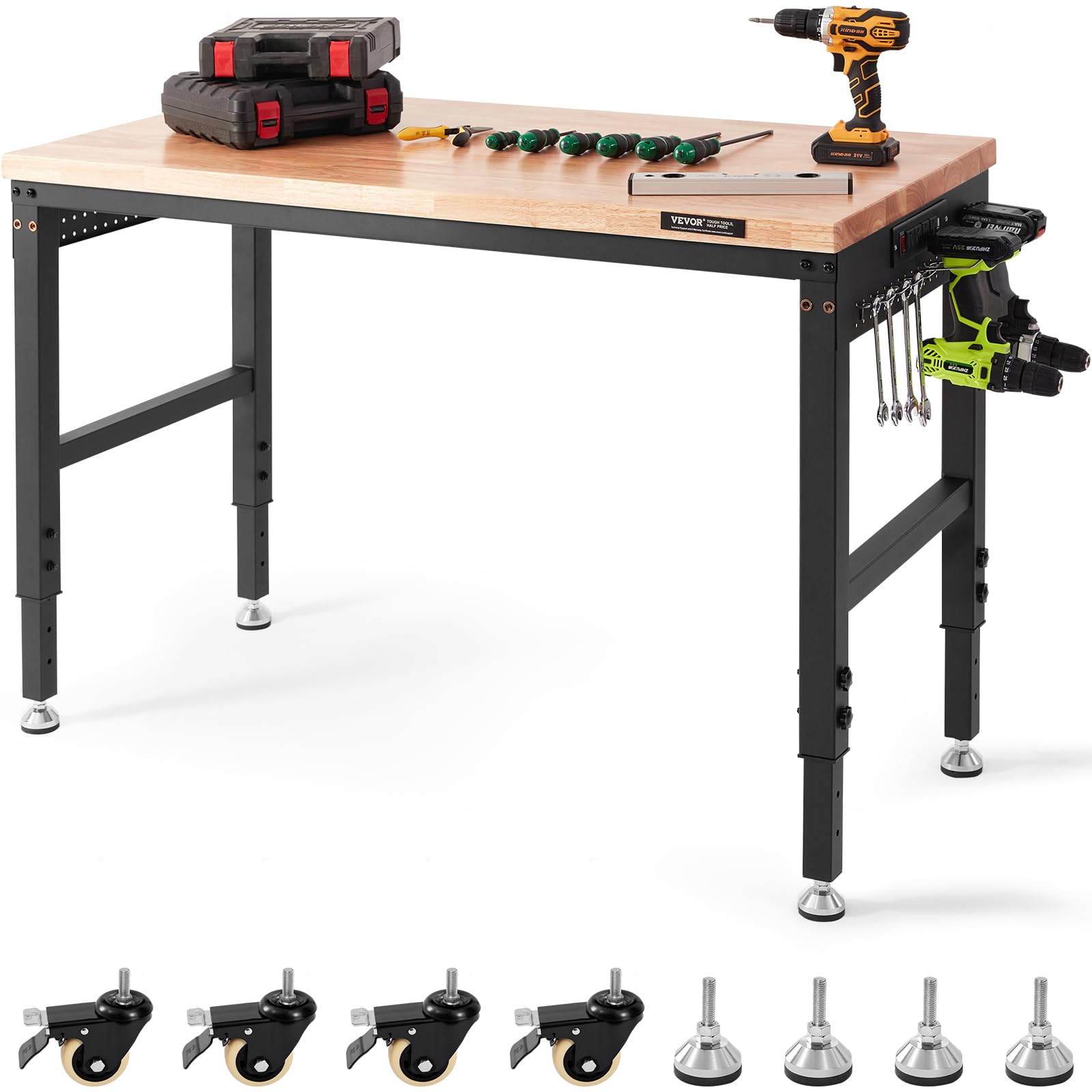 VEVOR Adjustable Workbench, 48'' L X 24'' W Garage Worktable with Universal Wheels, 28-39.5'' Heights & 2000 LBS Load Capacity, 