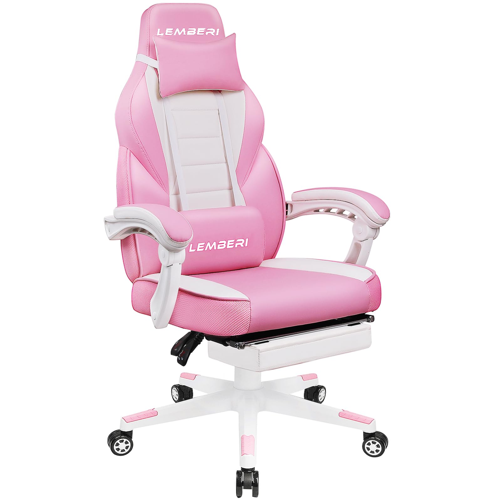 Lemberi Pink Gaming Chair With Footrest, Kawaii Cute Pink Gamer Chair For Girl,Girls Video Game Chairs,Computer Gaming Chair With Headrest And Lumbar Support