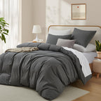 Lovque 100% Washed Cotton Duvet Cover Queen Size, Grey Fade-Resistant Natural Bedding Set (No Comforter), 90X90 Inches
