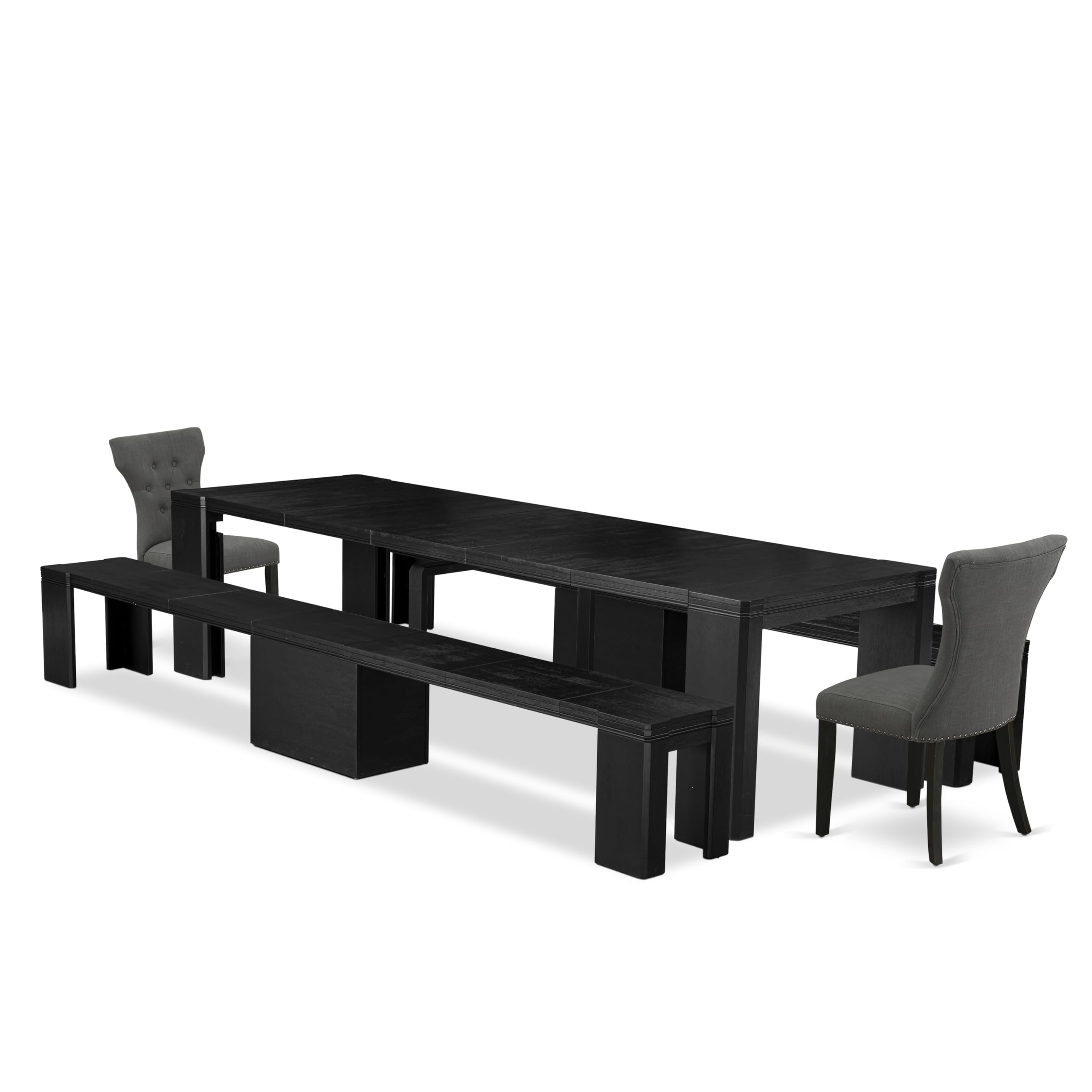 Luxe by East West Furniture - X02GA-206-50 - 5-piece Dining Table Set a Rectangular Dining Table and 2 wooden Benches and 2 Dark Gotham Grey Linen Fabric kitchen Chair, 39x120 Inch, Wire Brushed Black