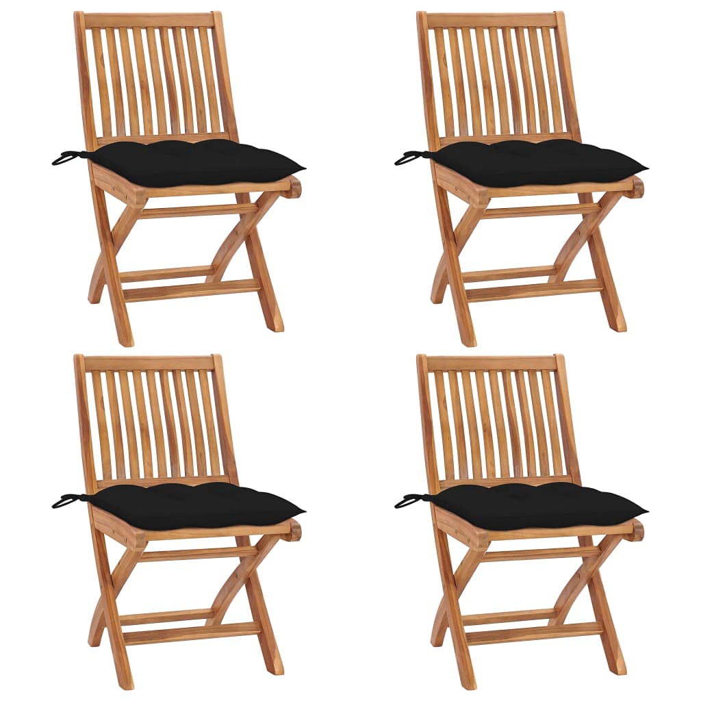 vidaXL Solid Teak Wood Folding Patio Chairs with Cushions, Set of 4, Versatile Black Cushioned Chairs for Home, Office and Outdoor Setting