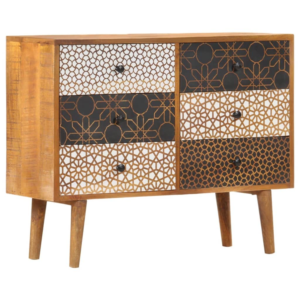 vidaXL Solid Mango Wood Sideboard with Printed Pattern - Mid-Century Inspired, Polished & Lacquered, Secure Wall Attachment, Ample Storage with 6 Drawers, Unique Grain and Contour