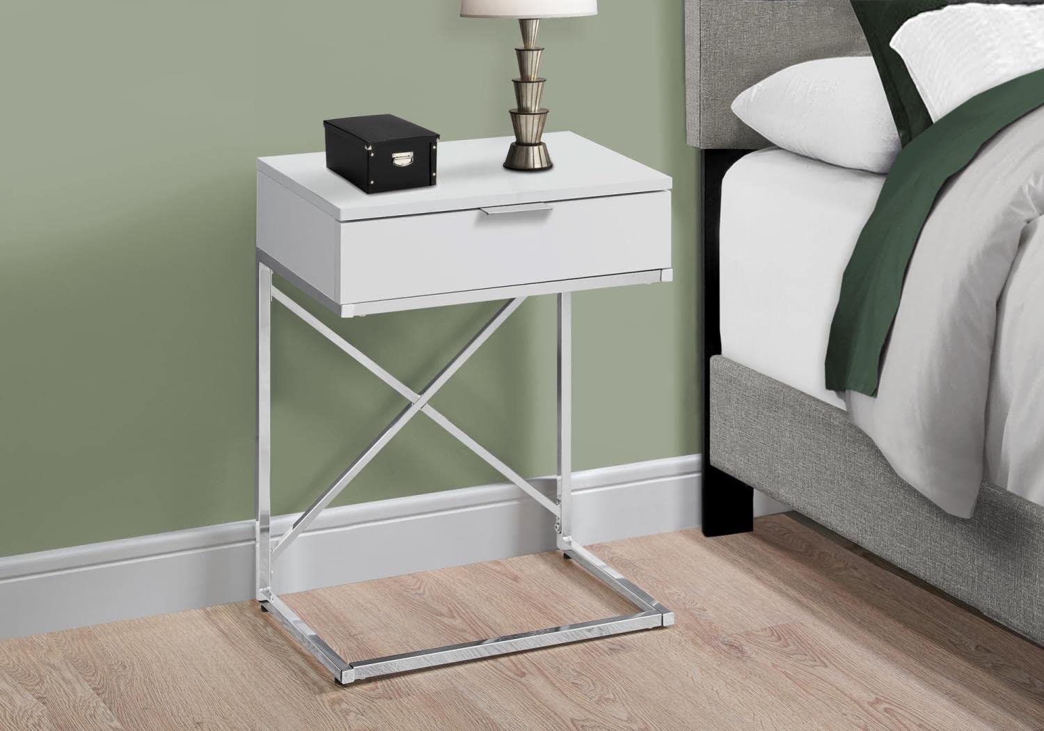Monarch Specialties 24&quot; H Accent Side Table With Rectangular Top And Chrome Metal Base - Glossy White