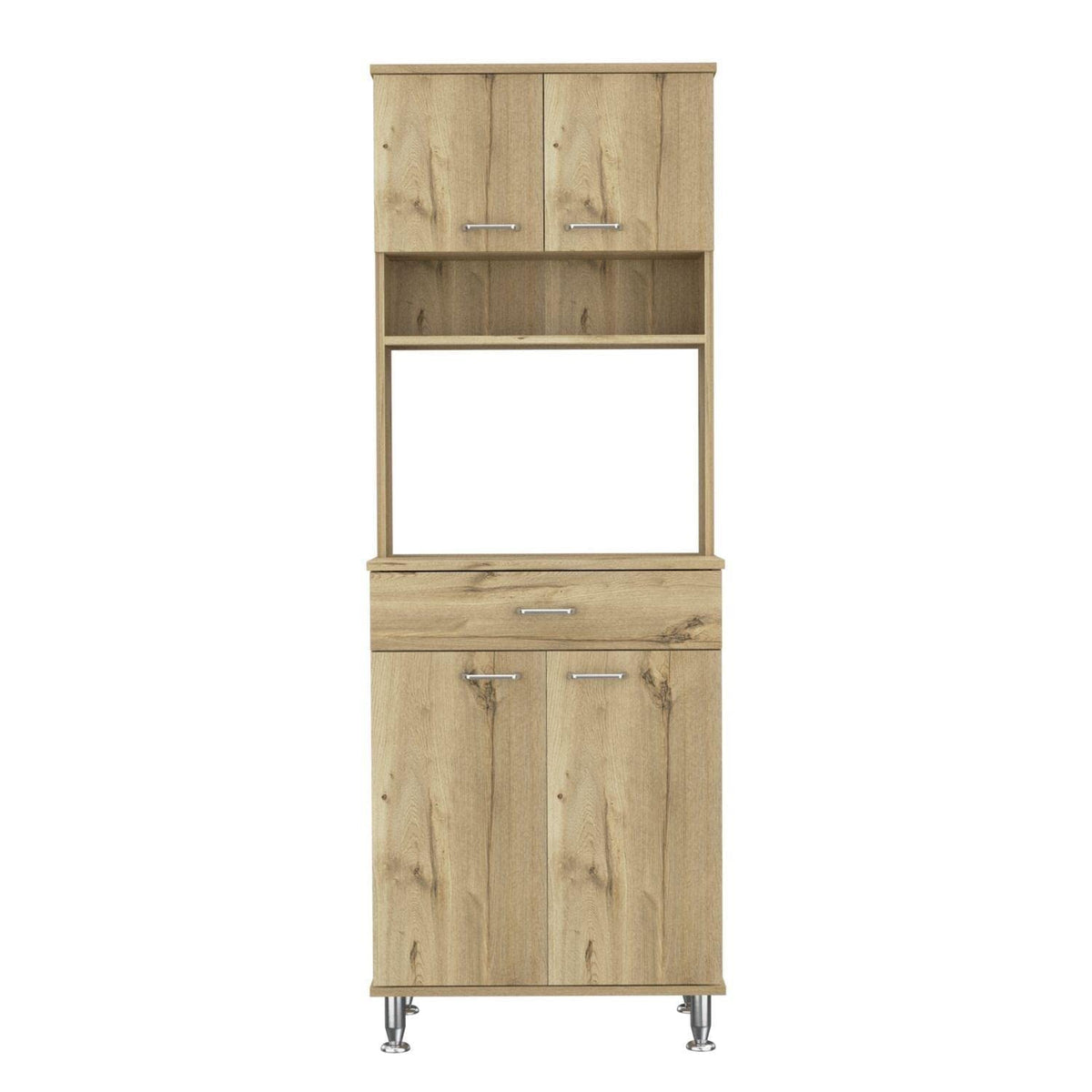 Pantry Cabinet 67&quot; H, 4 Doors, 1 Drawer, 3 Internal Shelves, 2 External Storage Shelves, Microwave Storage Option, 4 Legs, Light Oak